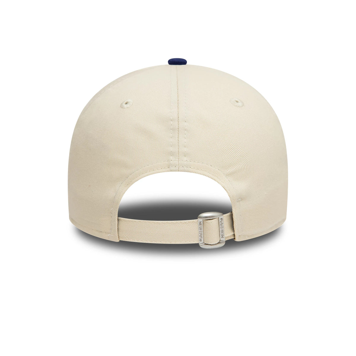 LA Dodgers Colour Block Cream New Era 9FORTY Adjustable Cap, rear view showing the adjustable strap with a metallic buckle, centred on a cream crown with matching eyelets and a contrasting blue top button.