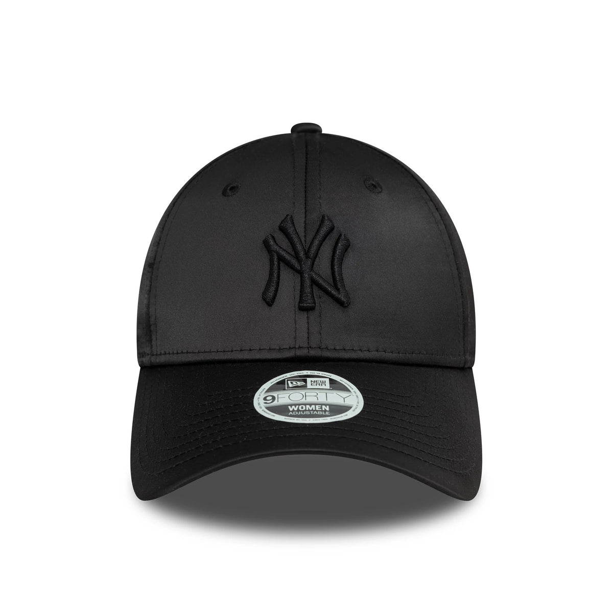 New York Yankees Womens Satin Black New Era 9FORTY Adjustable Cap, front view showing a black embroidered NY logo on the front panel, with a curved black visor and a 9FORTY size sticker on top.