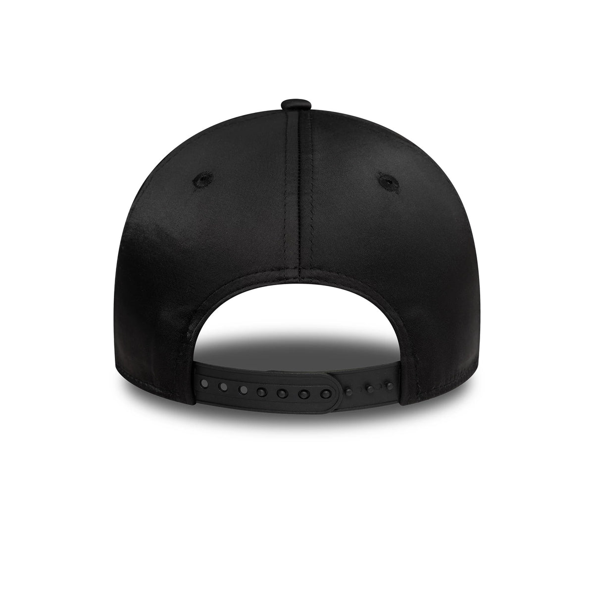 New York Yankees Womens Satin Black New Era 9FORTY Adjustable Cap, rear view with a sleek black finish and an adjustable snapback design, showcasing a smooth crown and centred top button.