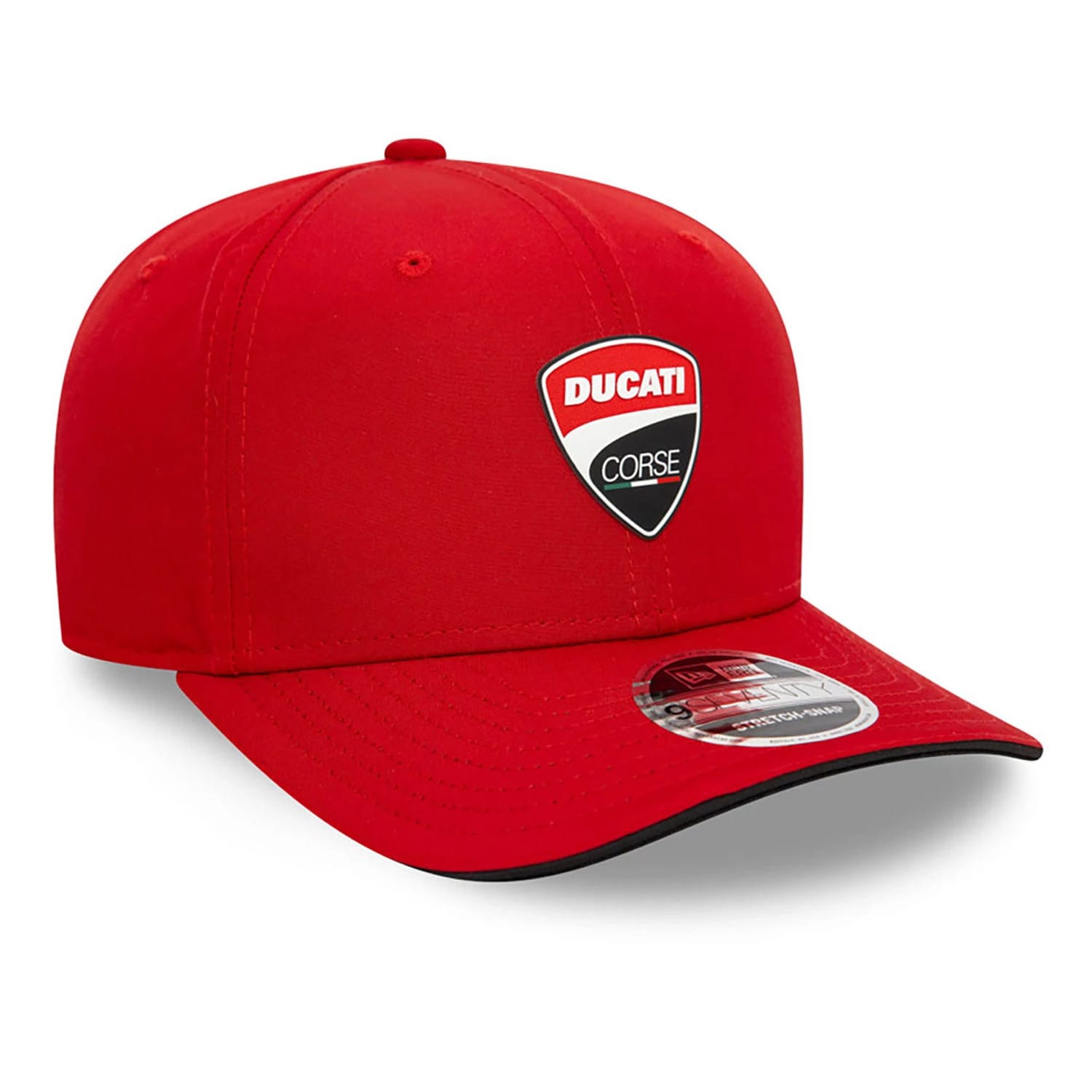 Ducati Motor Logo Core Red New Era 9SEVENTY Stretch Snap Adjustable Cap, front view with a raised Ducati Corse shield logo on the red front panel and a 9SEVENTY size sticker on the red visor.