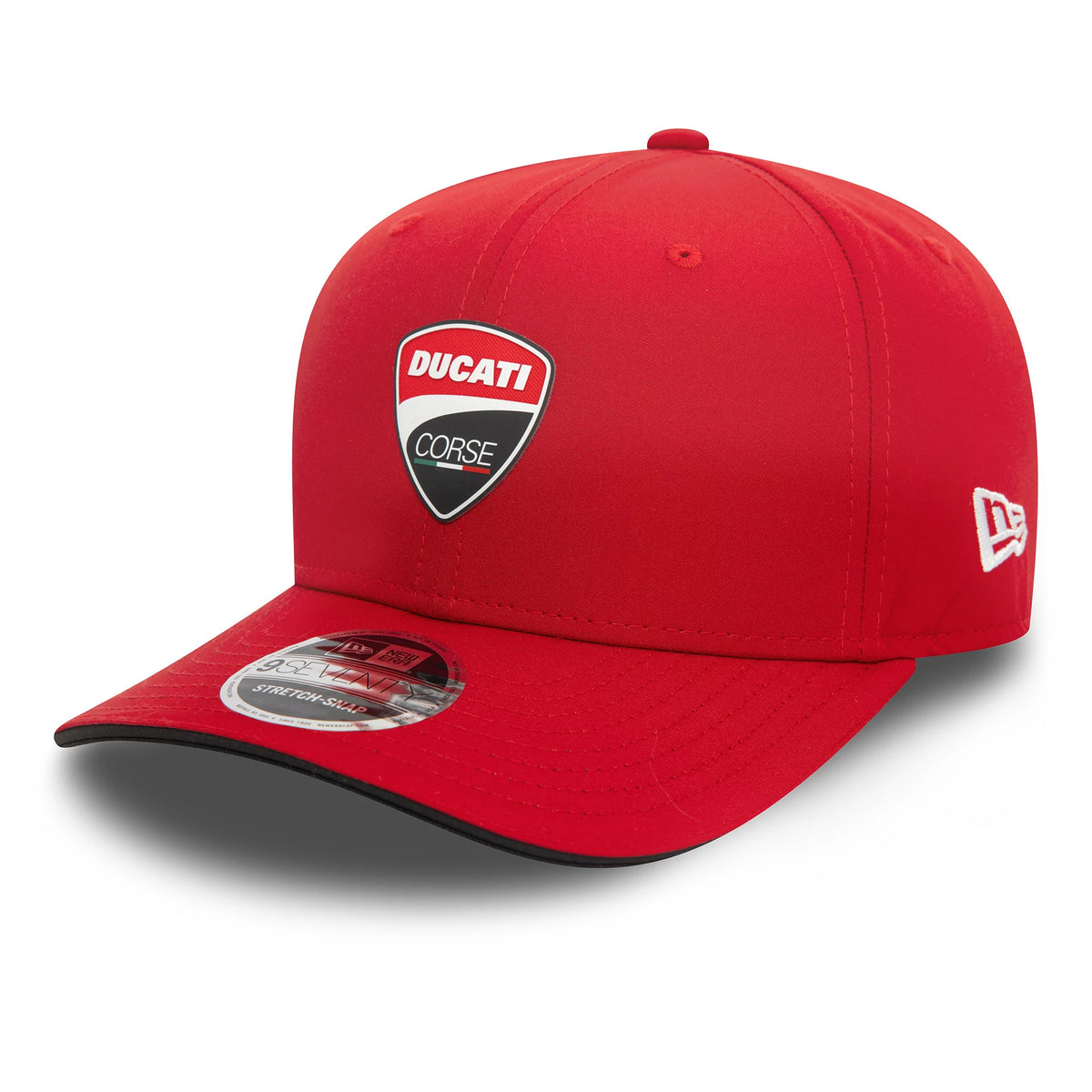 Ducati Motor Logo Core Red New Era 9SEVENTY Stretch Snap Adjustable Cap, front view showing the Ducati Corse logo on the structured red crown, with a white New Era flag logo on the left side and a 9SEVENTY size sticker on the curved visor.