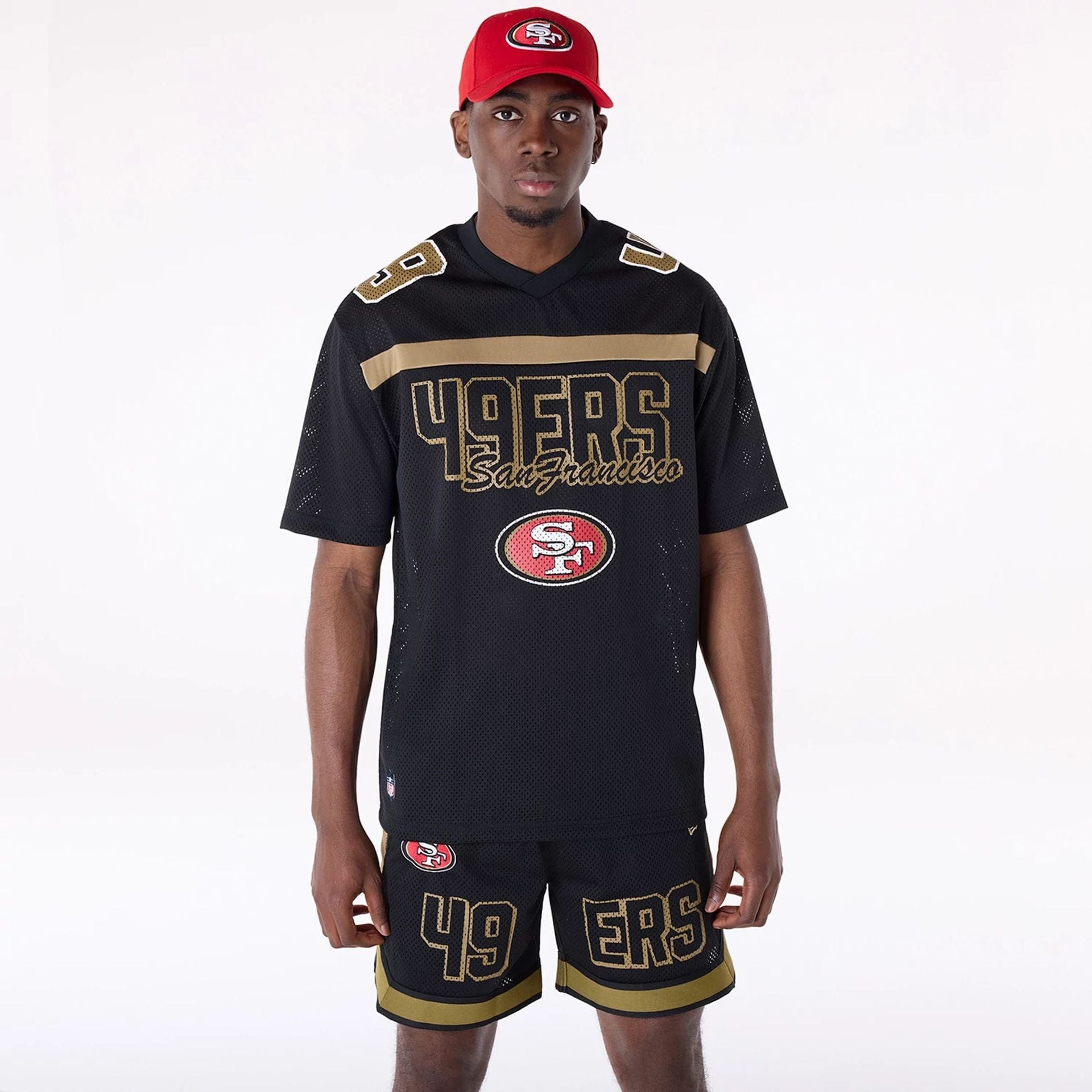 The Male model is wearing San Francisco 49ers NFL Mesh Black T-Shirt 1