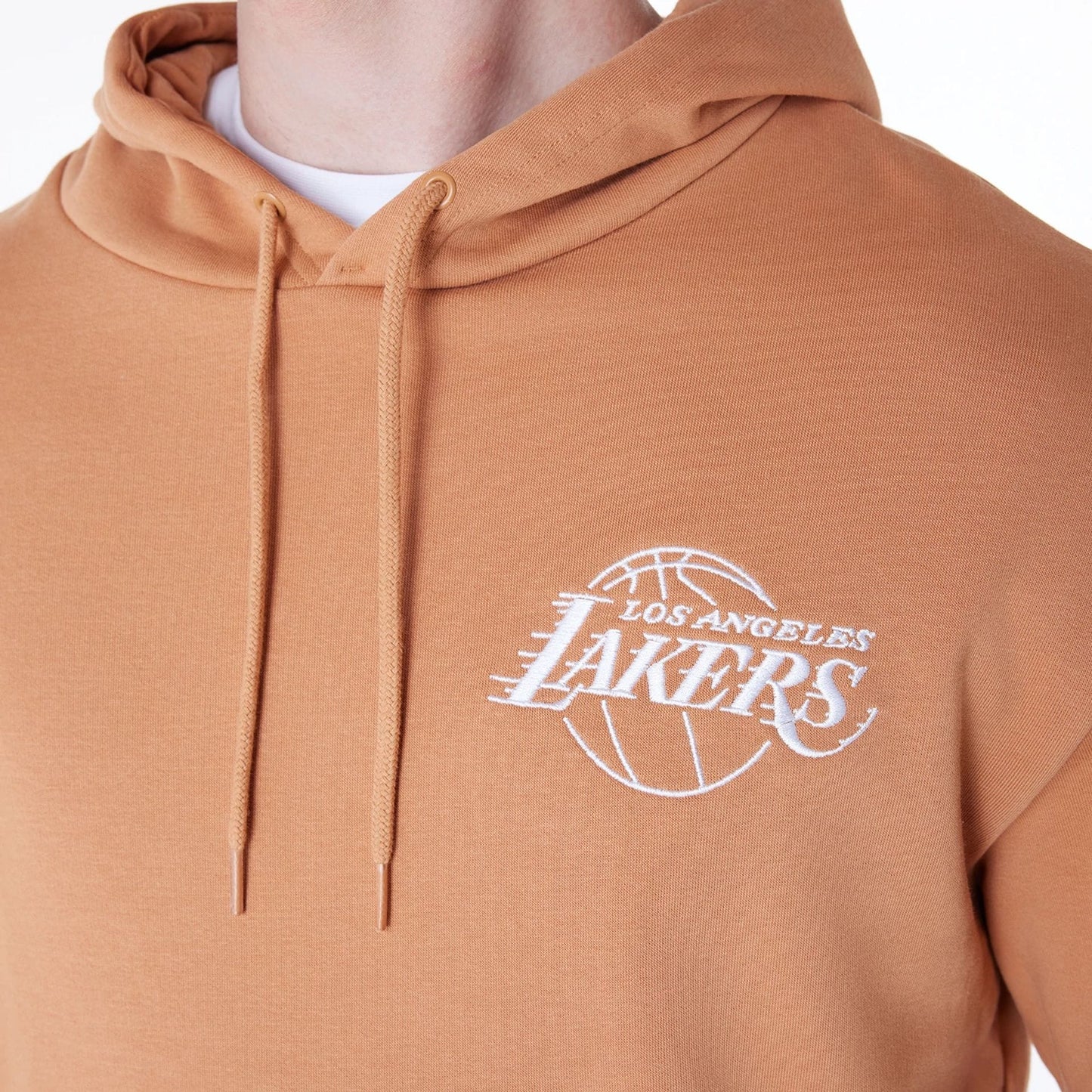 The Male model is wearing LA Lakers NBA League Essential Dark Beige Oversized Pullover Hoodie 8