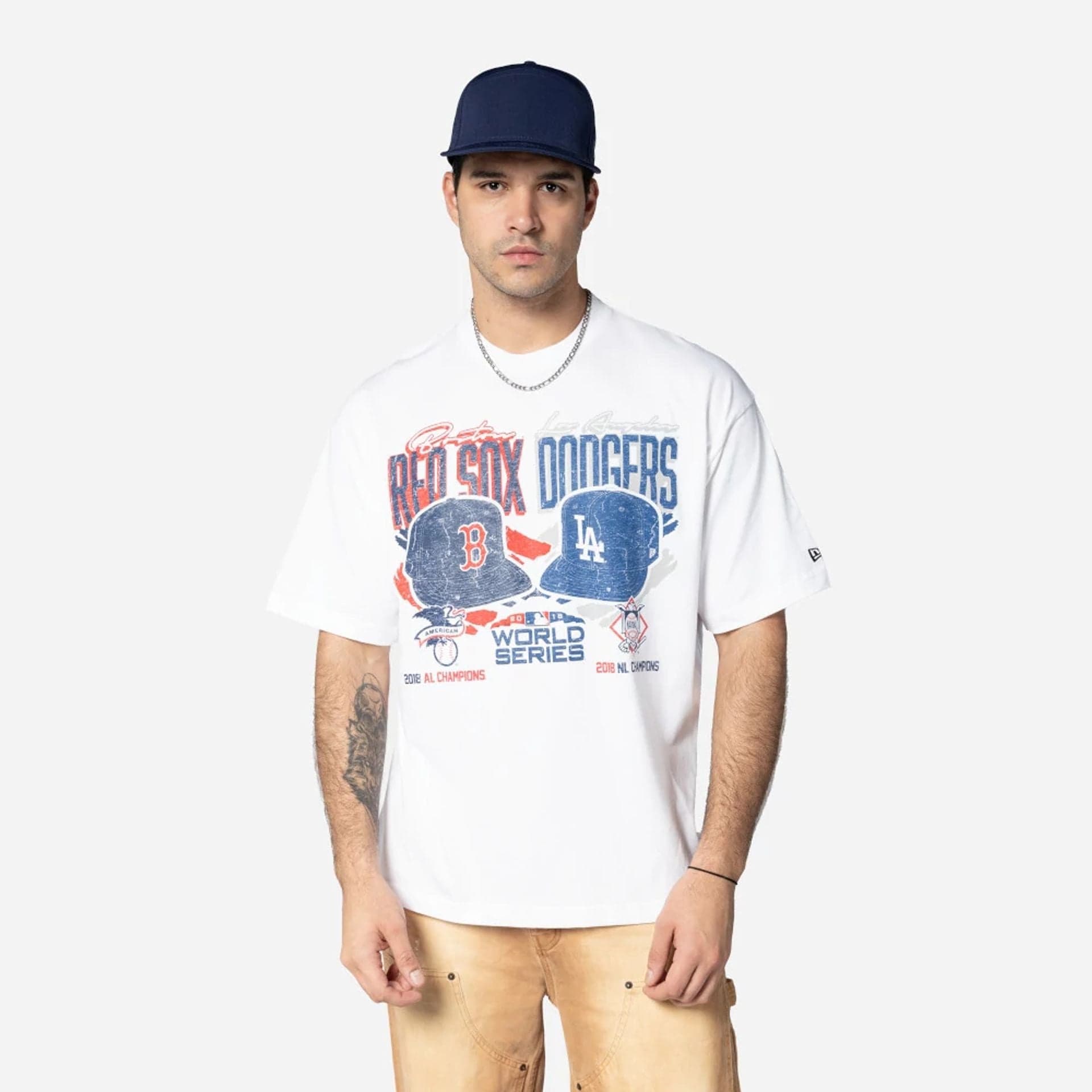 The Male model is wearing MLB Dueling Logos Sport Classic White T-Shirt 1