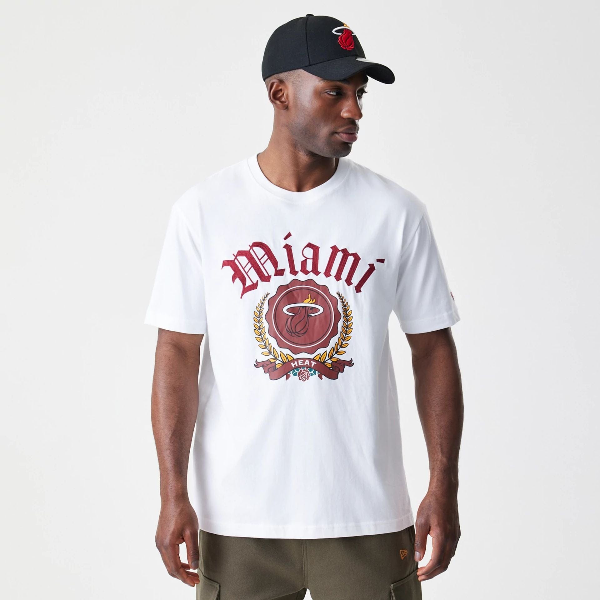 The Male model is wearing Miami Heat Throwback Prep White T-Shirt 1