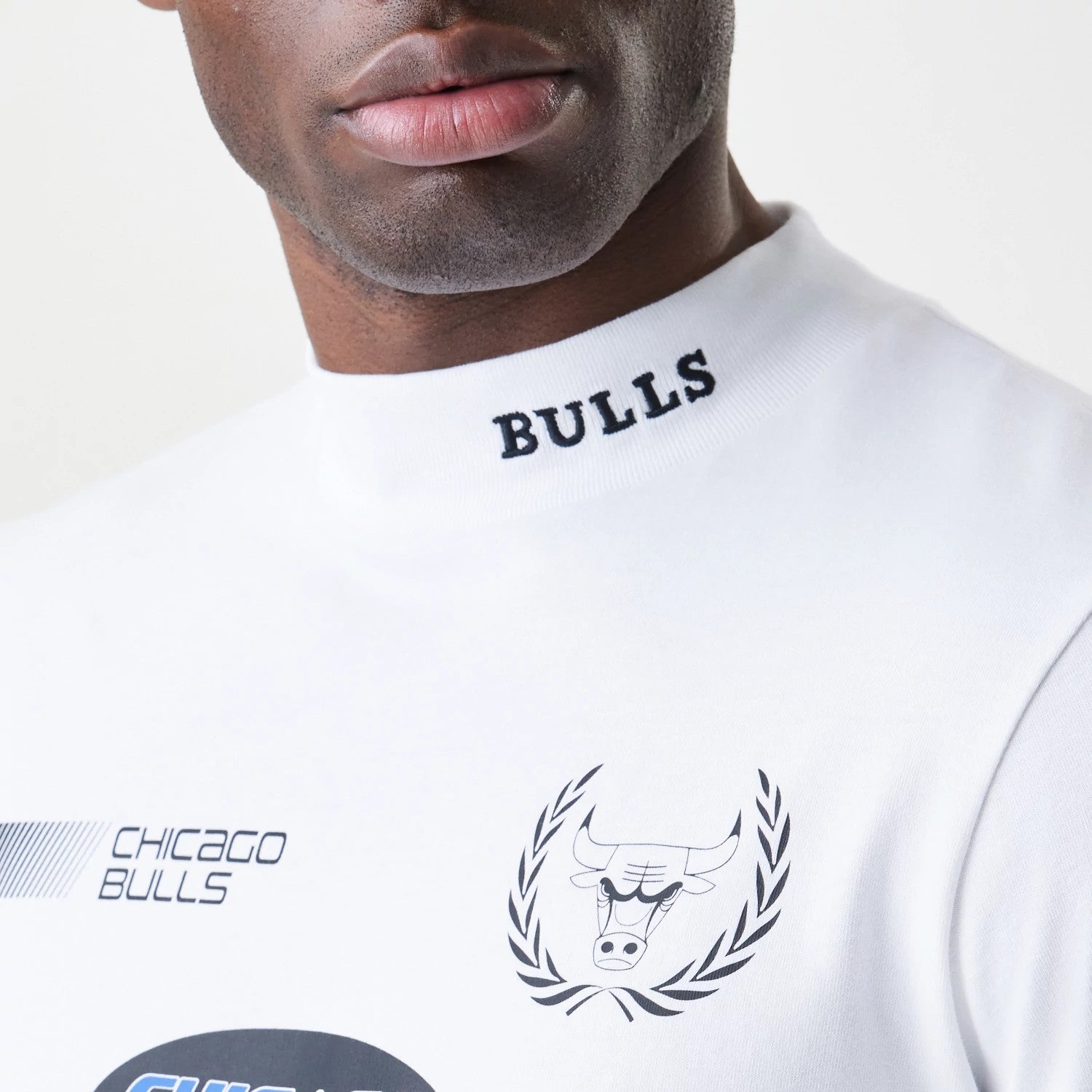 The Male model is wearing Chicago Bulls Modern Driver White Long Sleeve T-Shirt 3