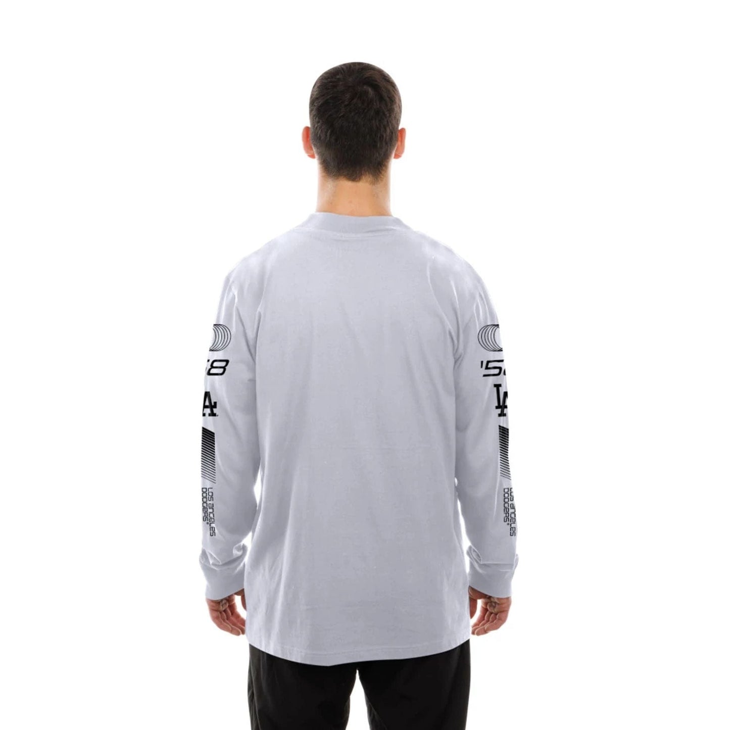 The Male model is wearing LA Dodgers Modern Driver White Long Sleeve T-Shirt 7