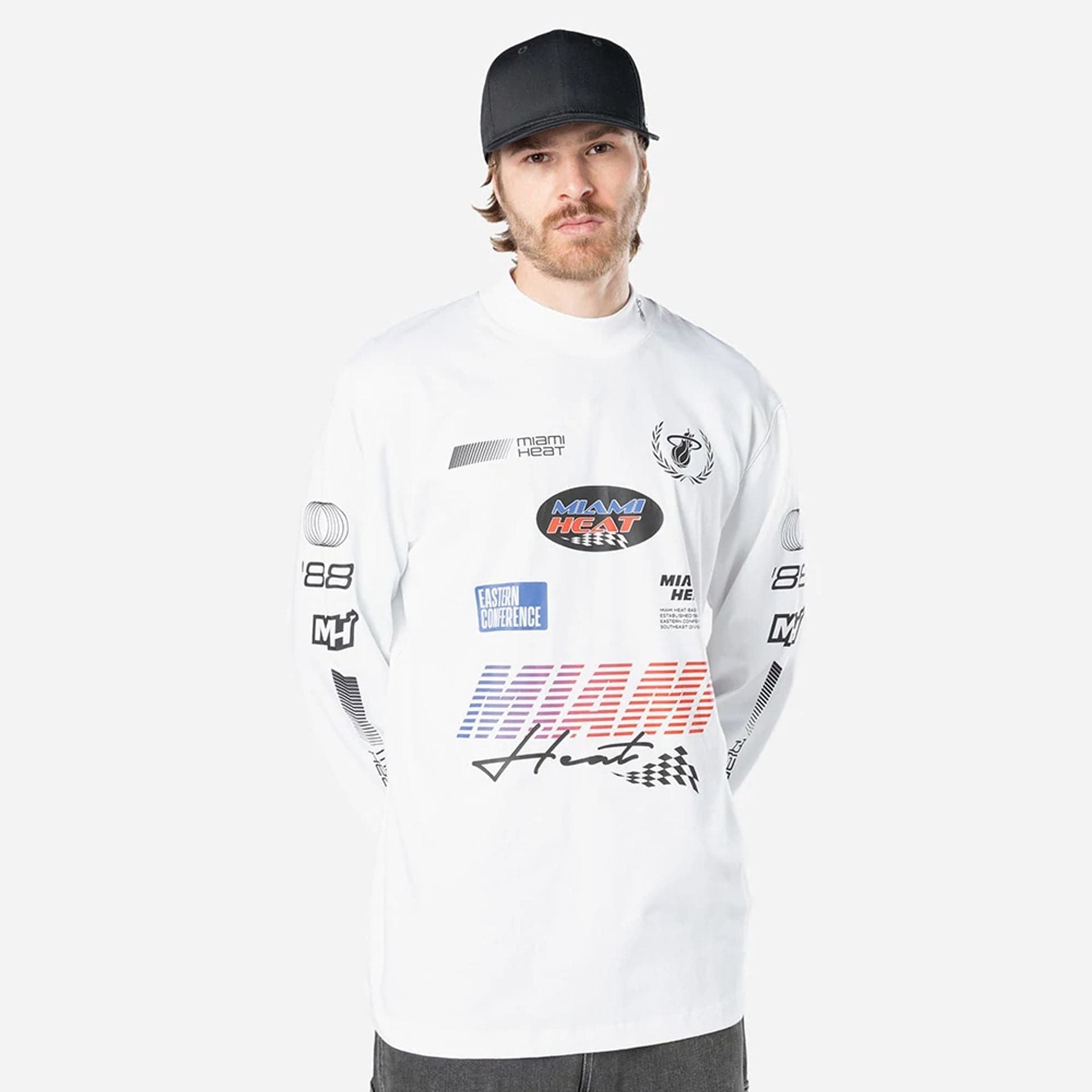 The Male model is wearing Miami Heat Modern Driver White Long Sleeve T-Shirt 1