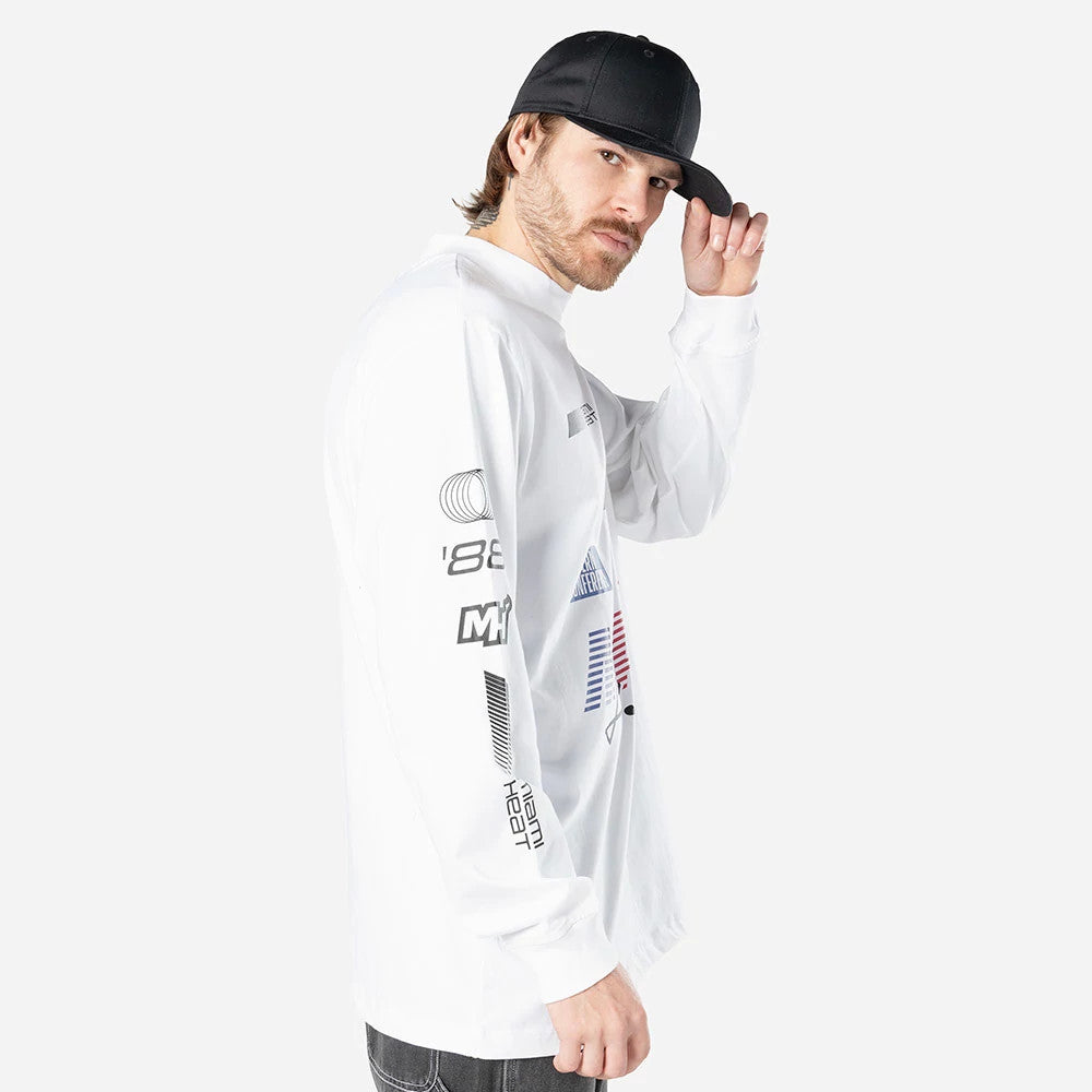 New Era Miami Heat Modern Driver White Long Sleeve T-Shirt, on-model view showing the white shirt with printed graphics on the sleeves and chest, worn by a person tipping the brim of a black cap.