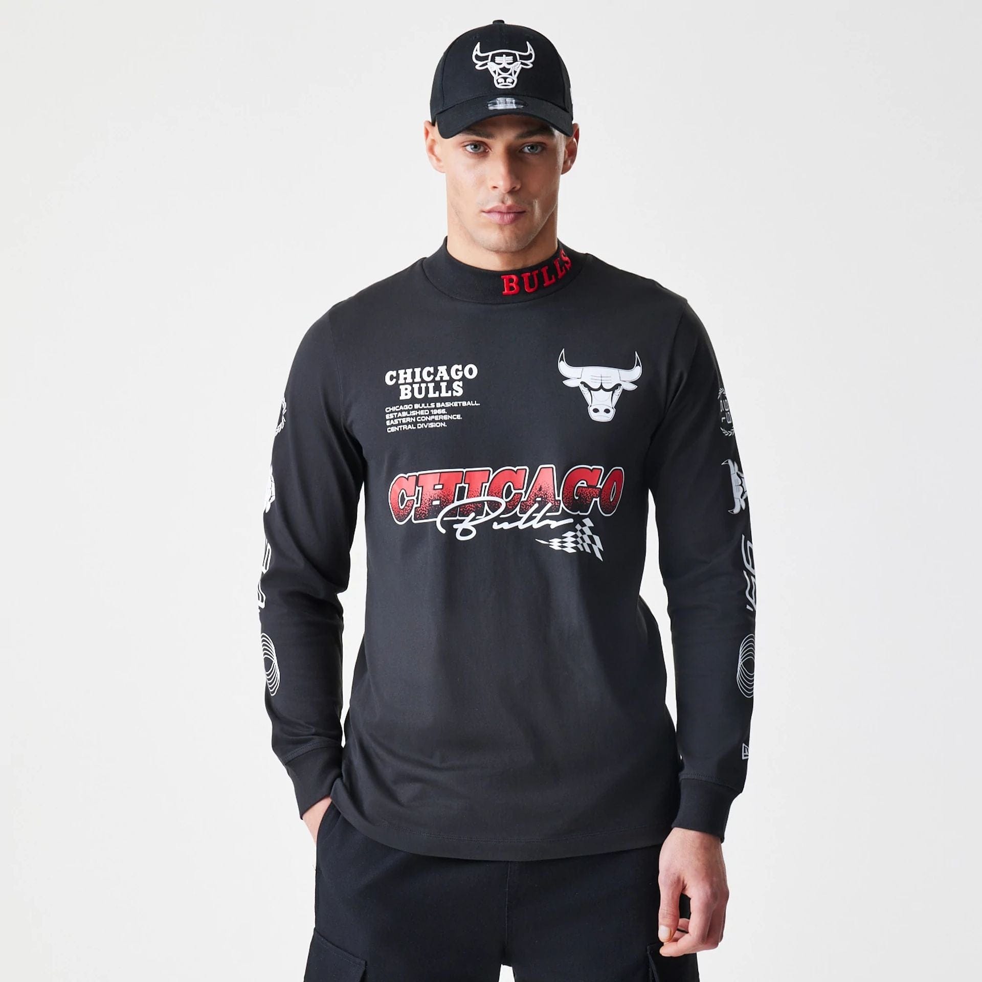 The Male model is wearing Chicago Bulls Modern Driver Black Long Sleeve T-Shirt 1
