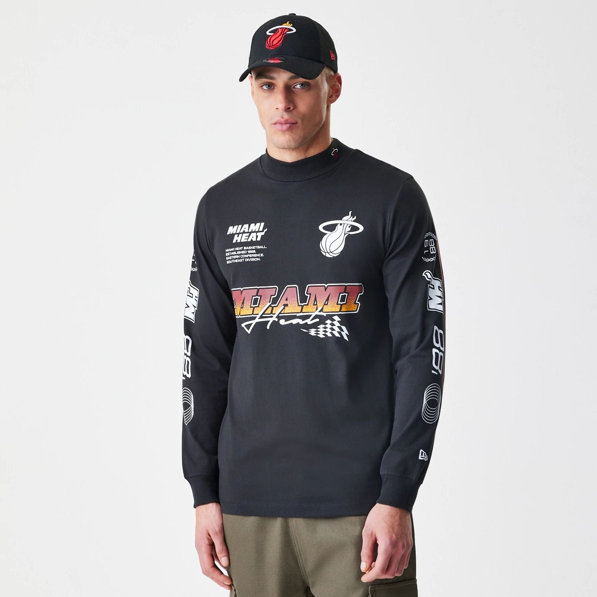 The Male model is wearing Miami Heat Modern Driver Black Long Sleeve T-Shirt 1