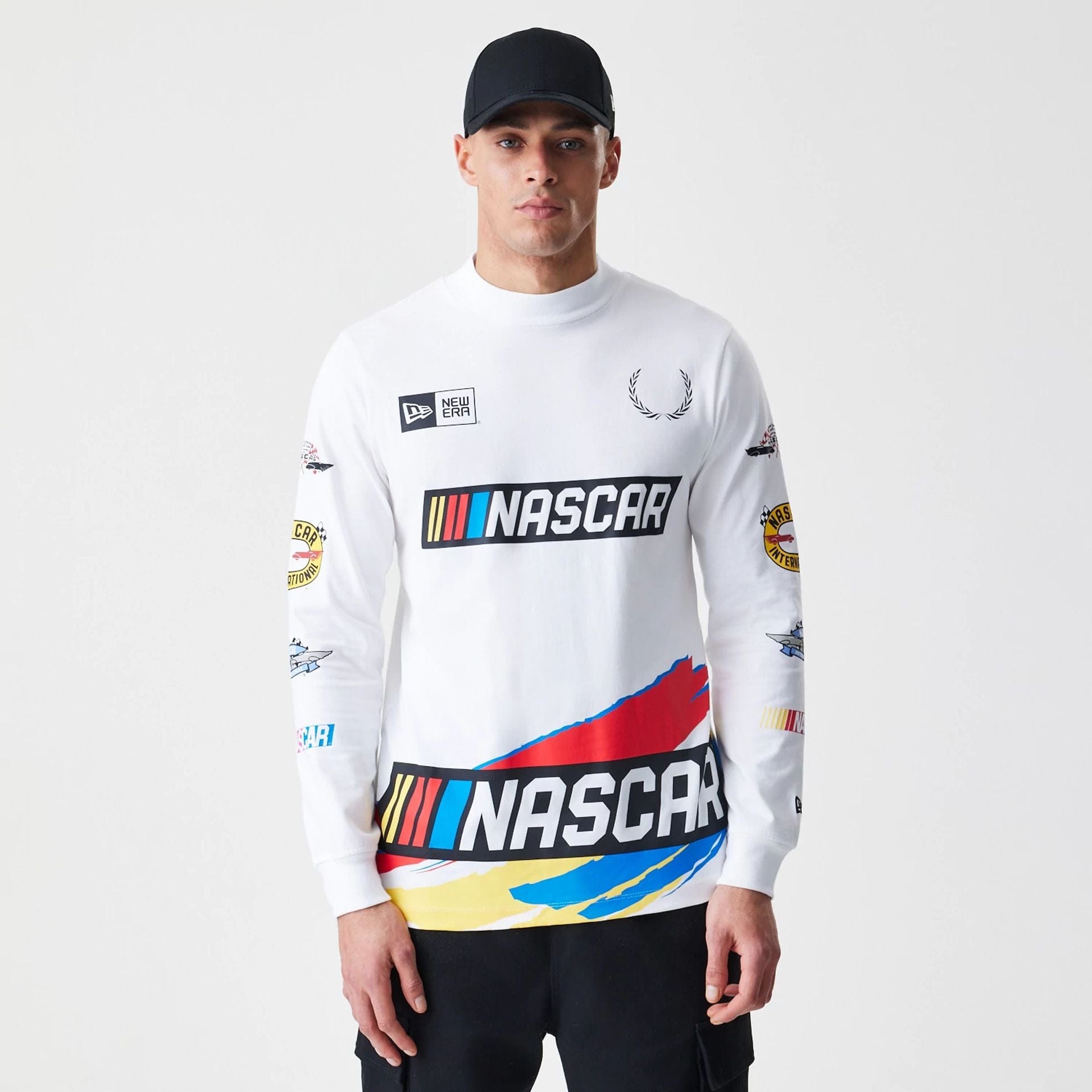 The Male model is wearing Nascar Generic Logo Modern Driver White Long Sleeve T-Shirt 1