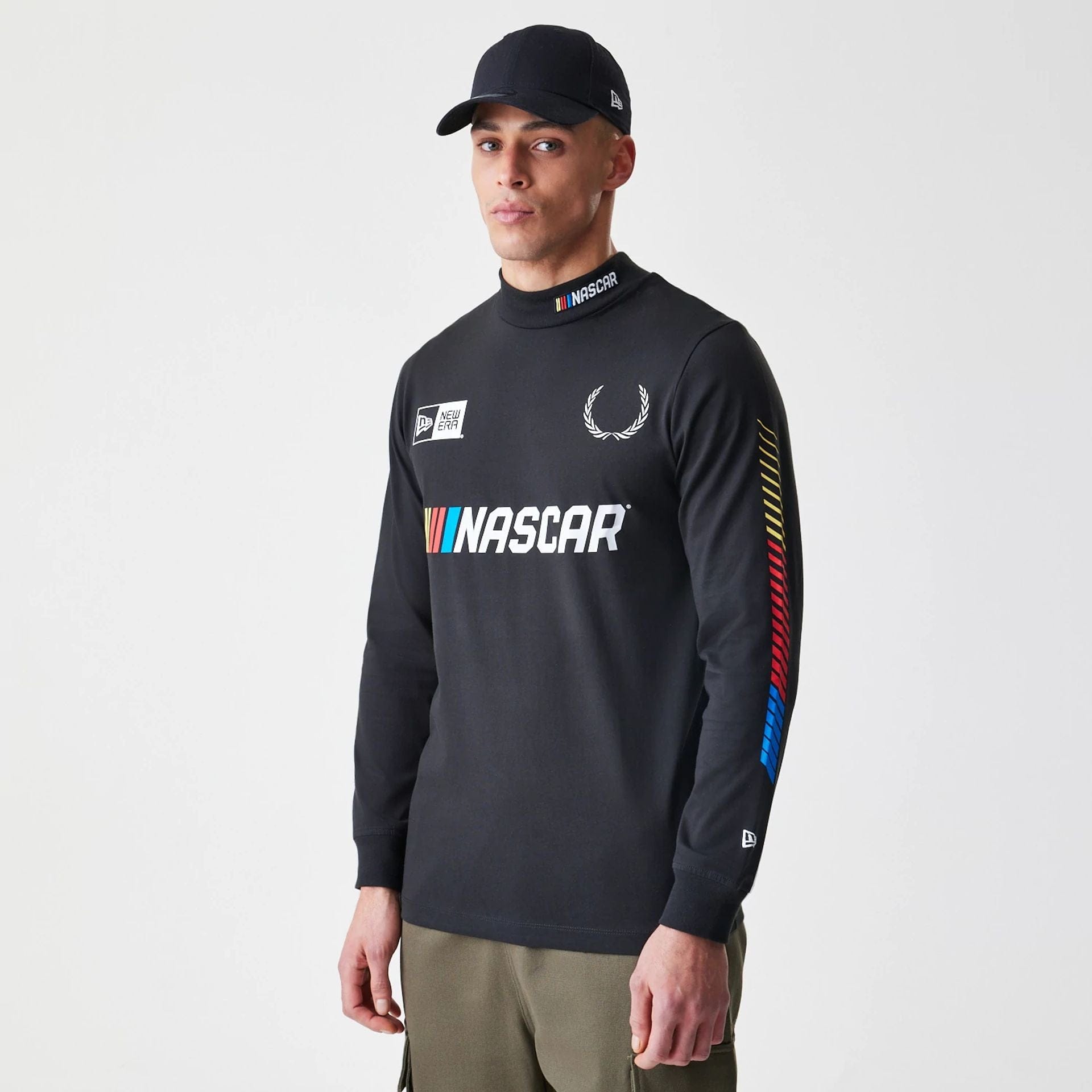 The Male model is wearing Nascar Generic Logo Modern Driver Black Long Sleeve T-Shirt 1