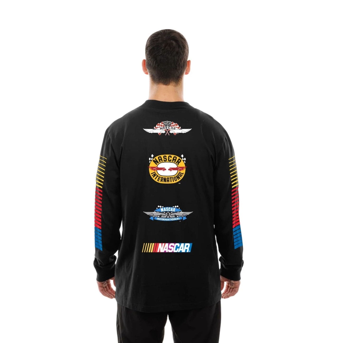 The Male model is wearing Nascar Generic Logo Modern Driver Black Long Sleeve T-Shirt 7