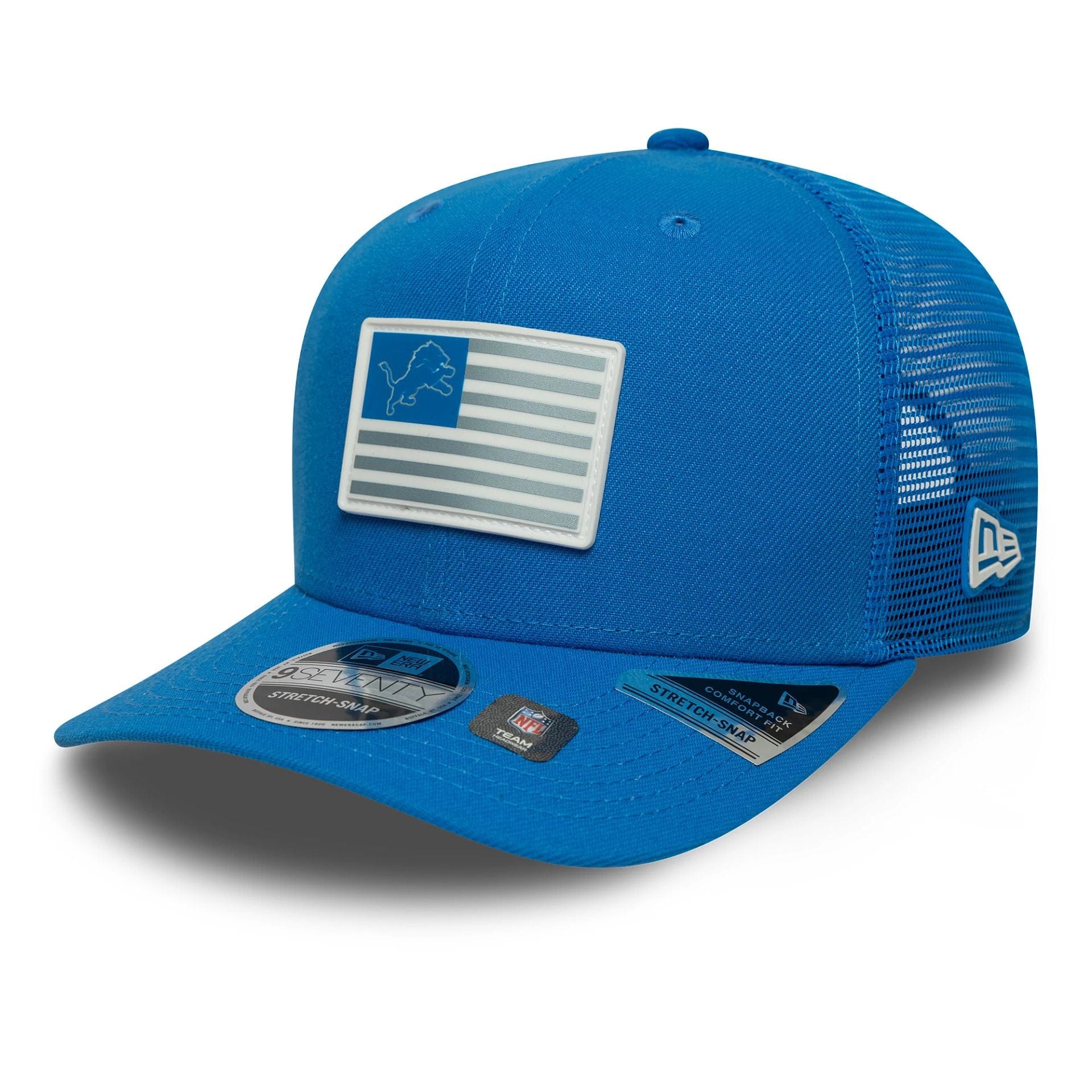 This is a Detroit Lions NFL Flag Blue 9SEVENTY Stretch Snap Adjustable Cap 1