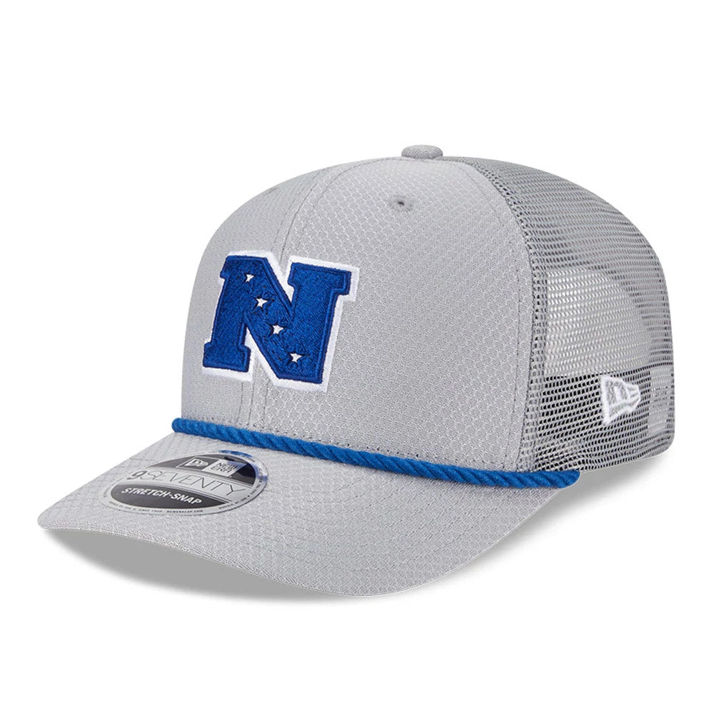 NFL Pro Bowl 2025 NFC Logo Grey New Era 9SEVENTY Trucker Stretch Snap Cap, three-quarter view with a raised blue N logo on the front panel, blue braided trim on the visor, and New Era flag logo on the mesh back panel.