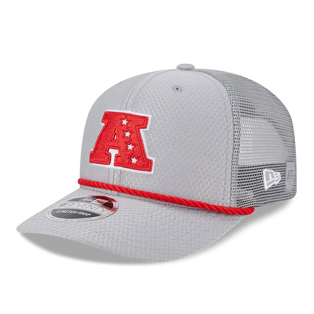 NFL Pro Bowl 2025 AFC Logo Grey New Era 9SEVENTY Trucker Stretch Snap Cap, front view showing the red embroidered A logo with stars on the grey front panel, a red cord across the visor and a 9SEVENTY size sticker.