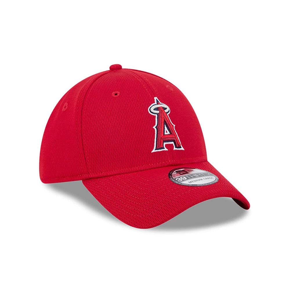 LA Angels MLB Evergreen Red New Era 39THIRTY Stretch Fit Cap, front view showing the raised embroidered A logo on the front panel with a 39THIRTY size sticker on the curved red visor and matching eyelets on the crown.