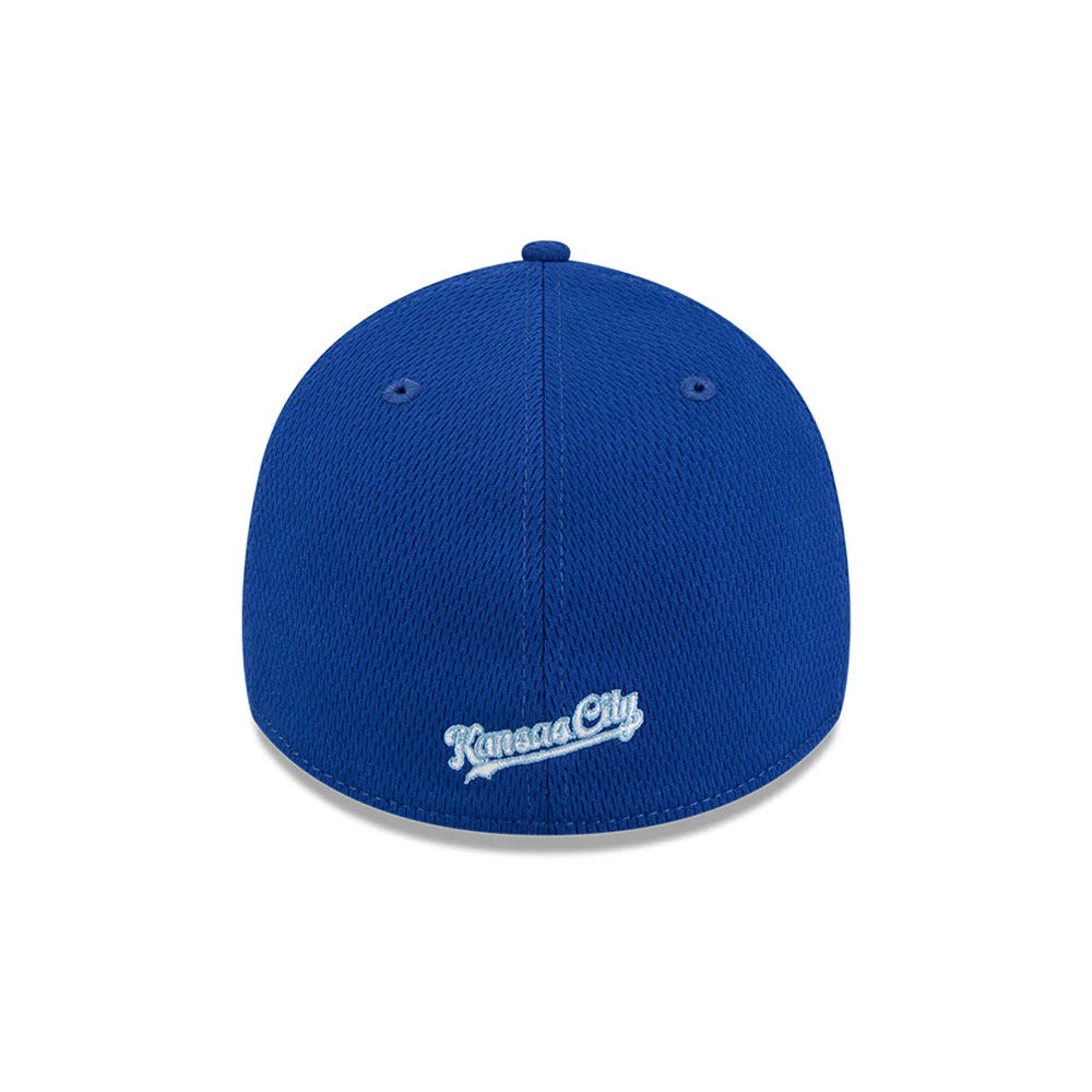 Kansas City Royals MLB Evergreen Blue New Era 39THIRTY Stretch Fit Cap, rear view showing light blue embroidered Kansas City script logo centred on the back panels, with matching blue eyelets and top button on the structured crown.