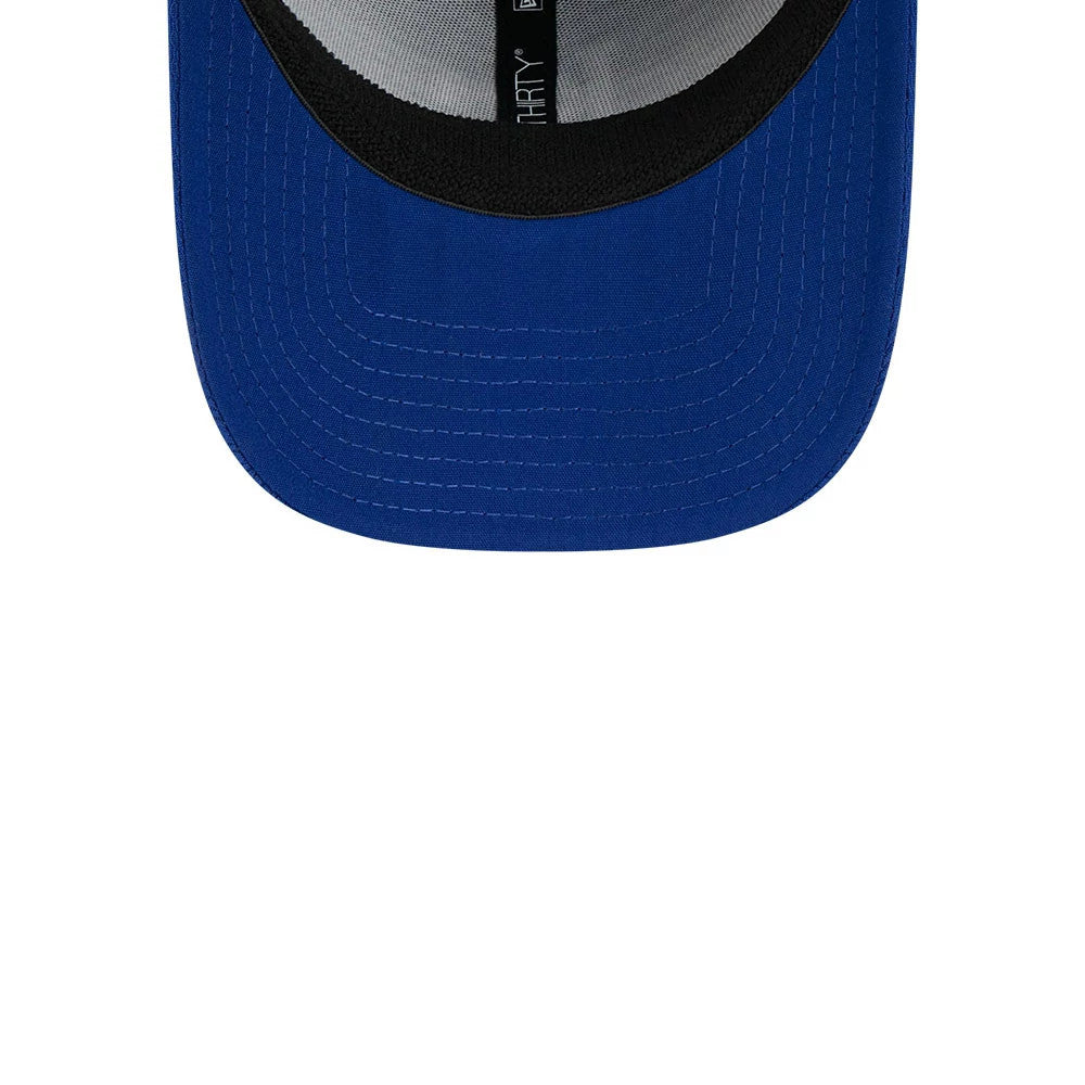 Kansas City Royals MLB Evergreen Blue New Era 39THIRTY Stretch Fit Cap, inside view showing the black sweatband, grey taping, and blue undervisor, with a 39THIRTY size sticker on the underside of the visor.