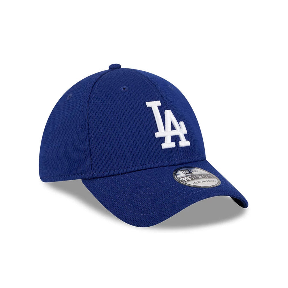LA Dodgers MLB Evergreen Dark Blue New Era 39THIRTY Stretch Fit Cap, three-quarter view with a raised white LA logo on the front panel, a curved visor, and a 39THIRTY size sticker on the top of the dark blue visor.
