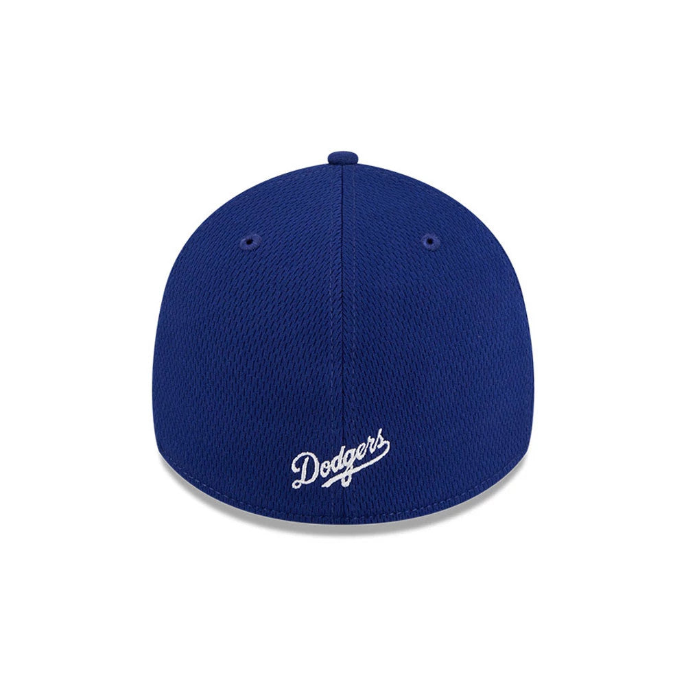 LA Dodgers MLB Evergreen Dark Blue New Era 39THIRTY Stretch Fit Cap, rear view showing the white embroidered Dodgers script logo centred on the back of the structured dark blue crown with a top button.