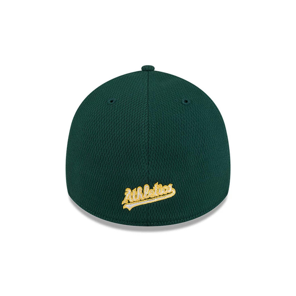 Athletics MLB Evergreen Dark Green New Era 39THIRTY Stretch Fit Cap, rear view showing the gold embroidered Athletics script logo at the centre of the back panels, on a structured dark green crown.