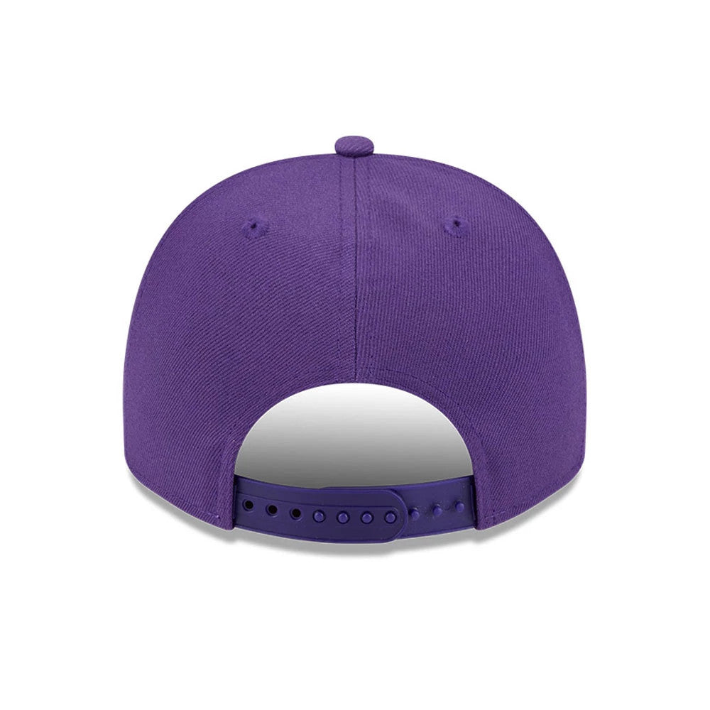 LA Lakers NBA Evergreen Purple New Era 9FIFTY A-Frame Snapback Adjustable Cap, rear view showing the curved visor and purple snap closure, with a plain structured crown and two purple eyelets on each back panel.