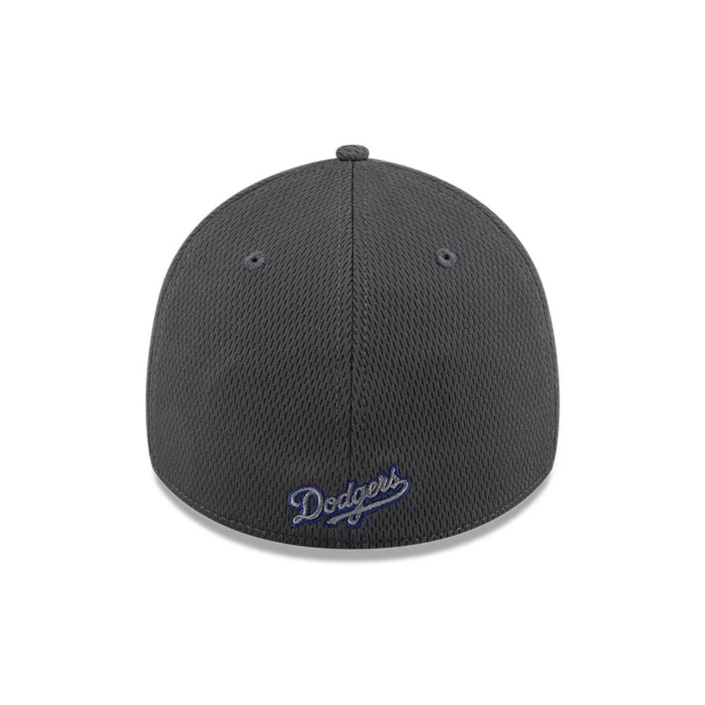 LA Dodgers MLB Evergreen Dark Grey New Era 39THIRTY Stretch Fit Cap, rear view showing the blue Dodgers script logo embroidered on the lower edge of the dark grey structured crown with a top button and fabric eyelets.