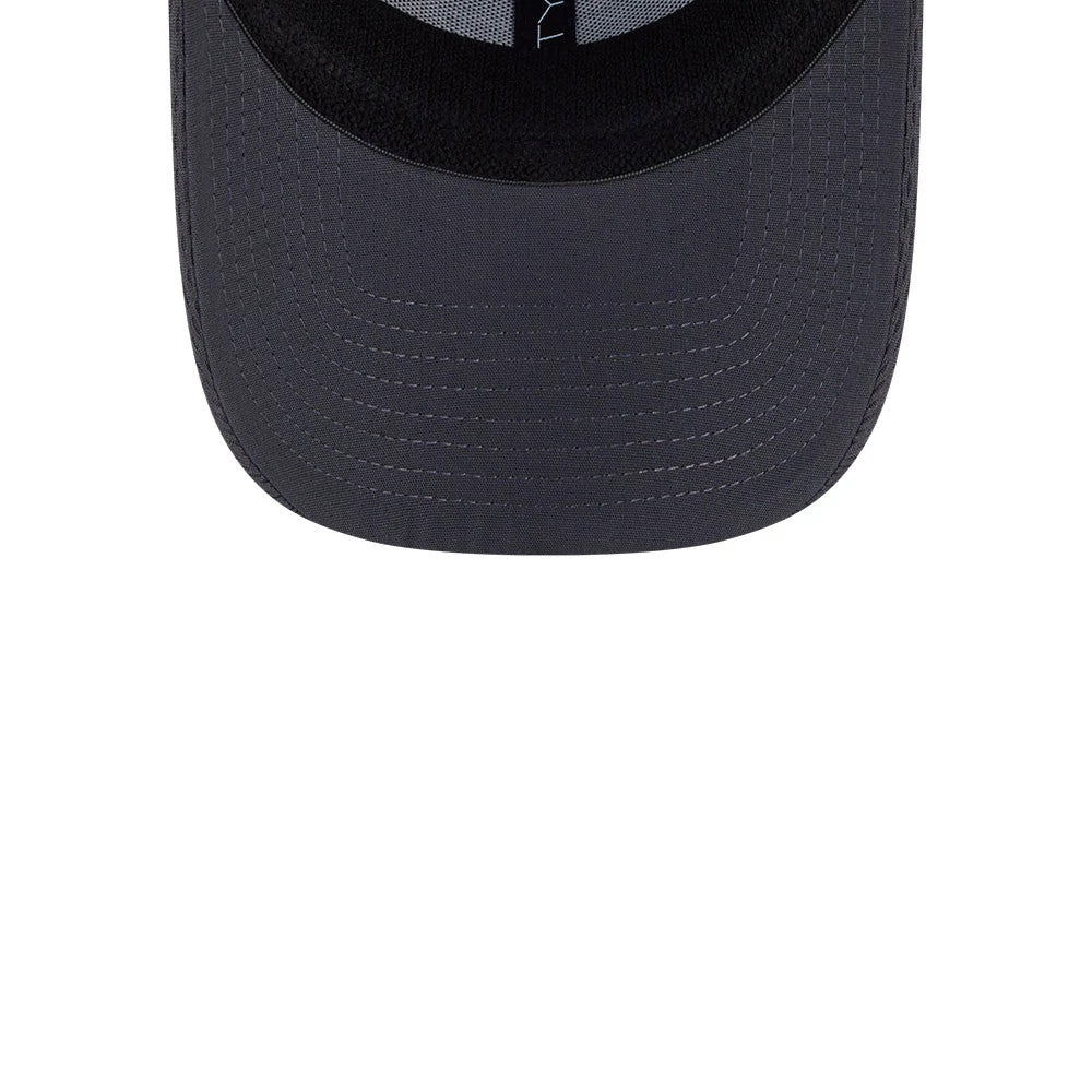 Chicago White Sox MLB Evergreen Dark Grey New Era 39THIRTY Stretch Fit Cap, top view showing the structured panels and curved dark grey visor with detailed stitching, contrasting against the black interior sweatband.