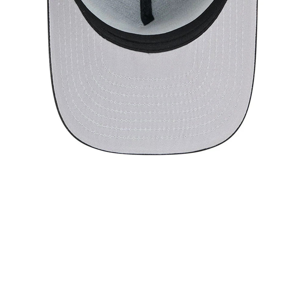 Brooklyn Nets NBA Evergreen Black New Era 9FIFTY A-Frame Snapback Adjustable Cap, inside view showing the grey undervisor with black sweatband and taping, revealing the structured design and craftsmanship detail.
