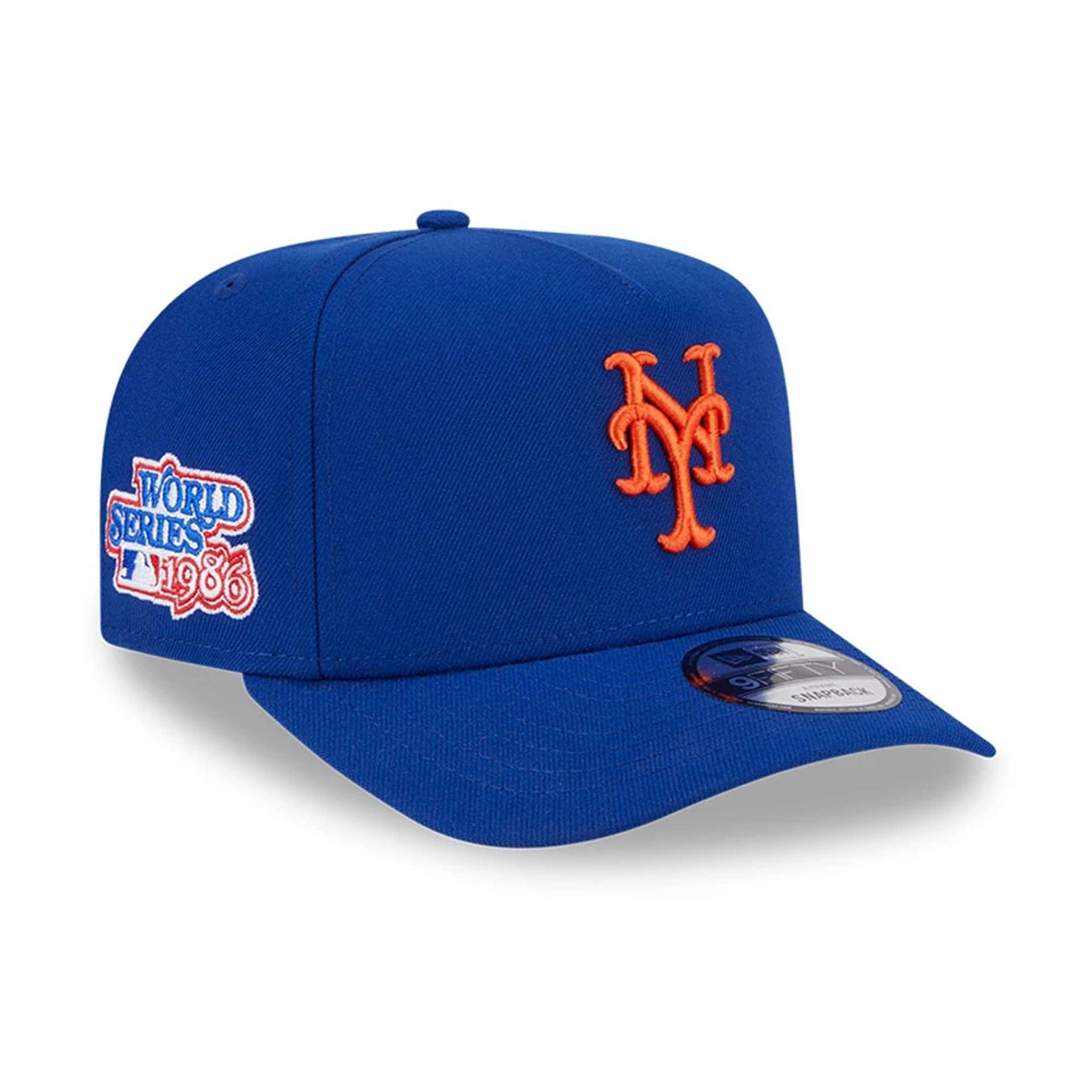 Pictured is this MLB Evergreen New York Mets 9FIFTY A-Frame Snapback cap in blue. 1