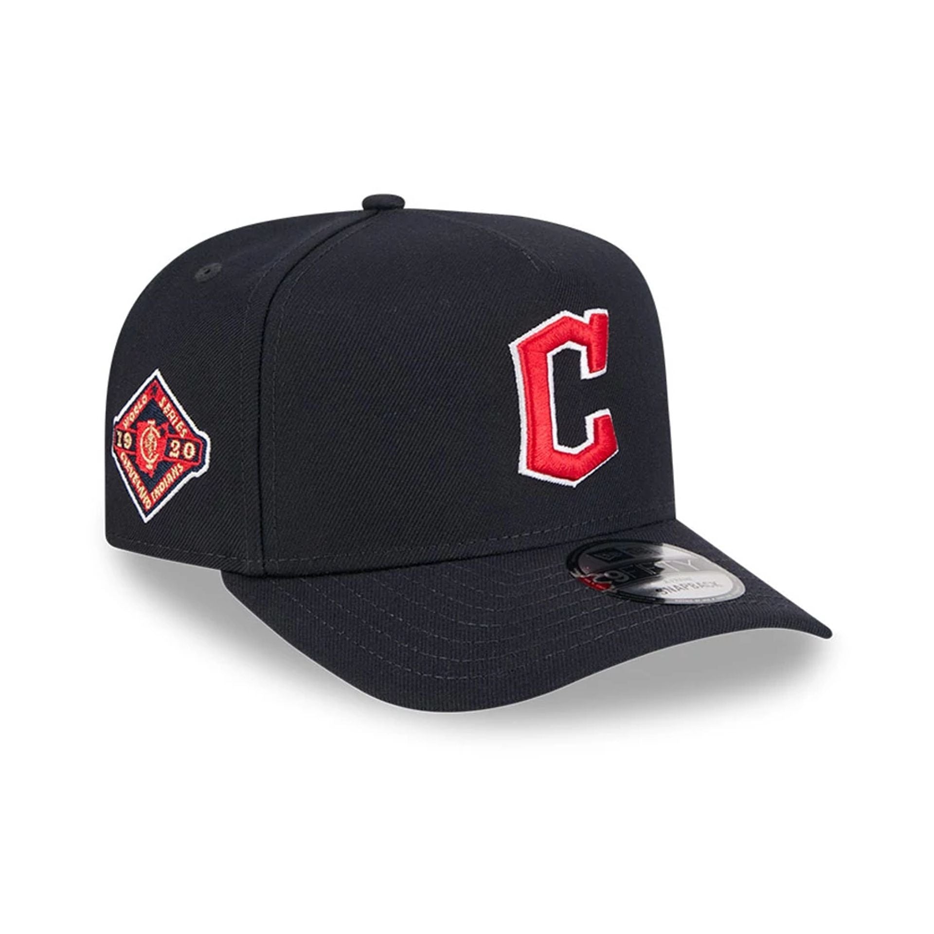 Pictured is this MLB Evergreen Cleveland Guardians 9FIFTY A-Frame Snapback cap in navy. 1