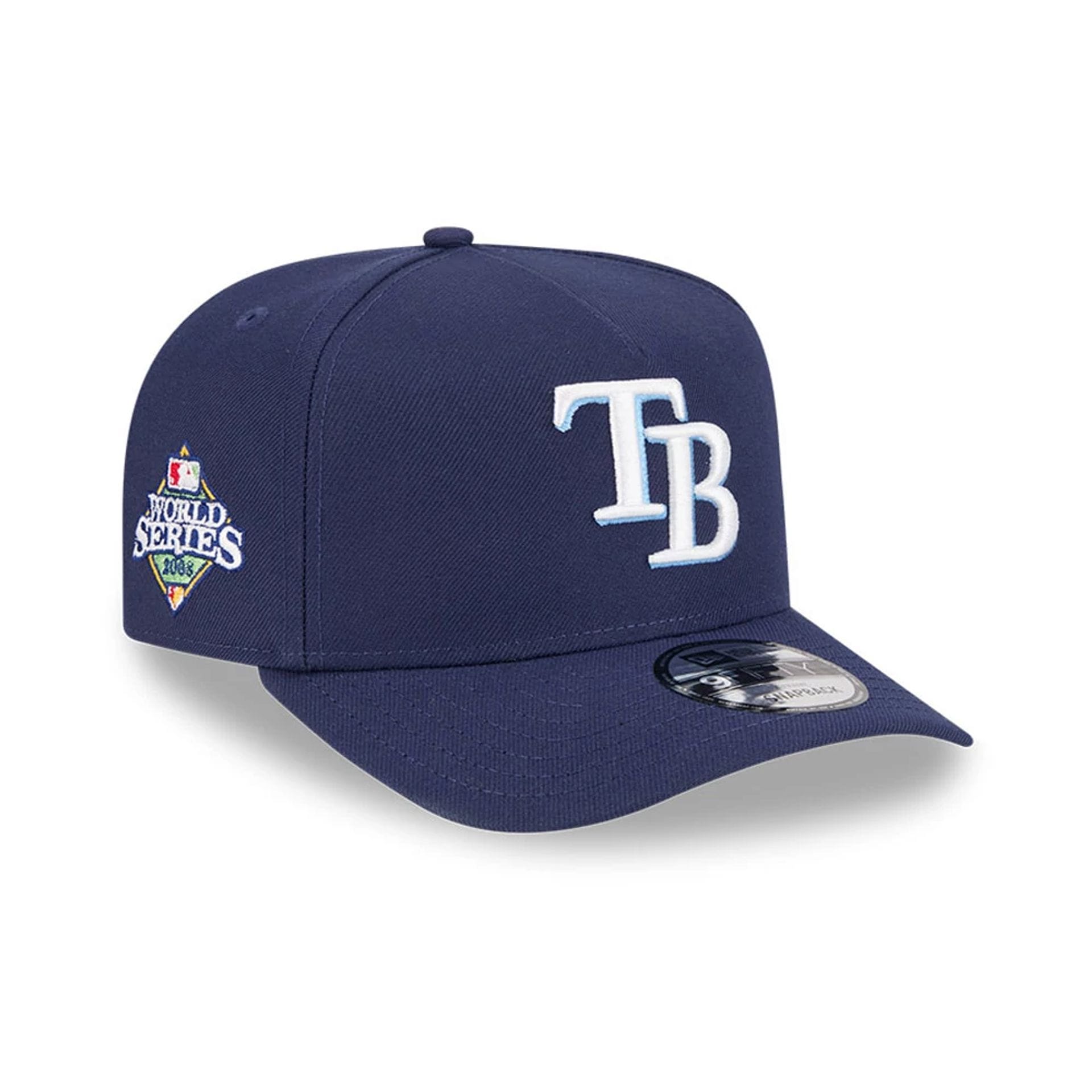 Pictured is this MLB Evergreen Tampa Bay Rays 9FIFTY A-Frame Snapback cap in navy. 1