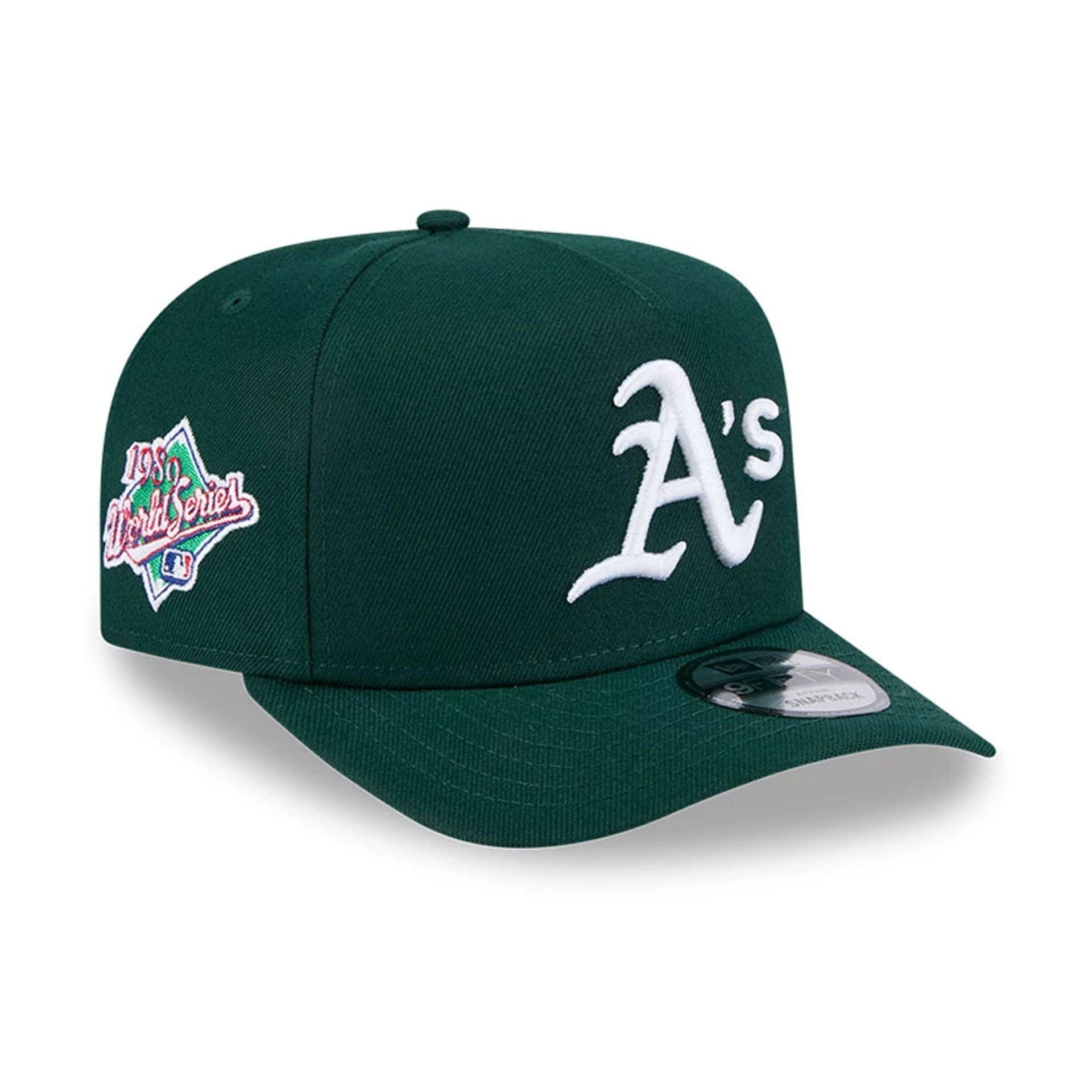 Pictured is this MLB Evergreen Athletics 9FIFTY A-Frame Snapback cap in dark green. 1
