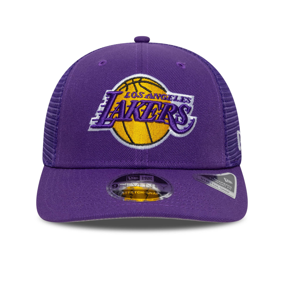 LA Lakers NBA Evergreen Purple New Era 9SEVENTY Stretch Snap Adjustable Cap, front view with raised embroidered Lakers logo on the purple front panel, purple mesh sides, and a 9SEVENTY size sticker on the curved visor.