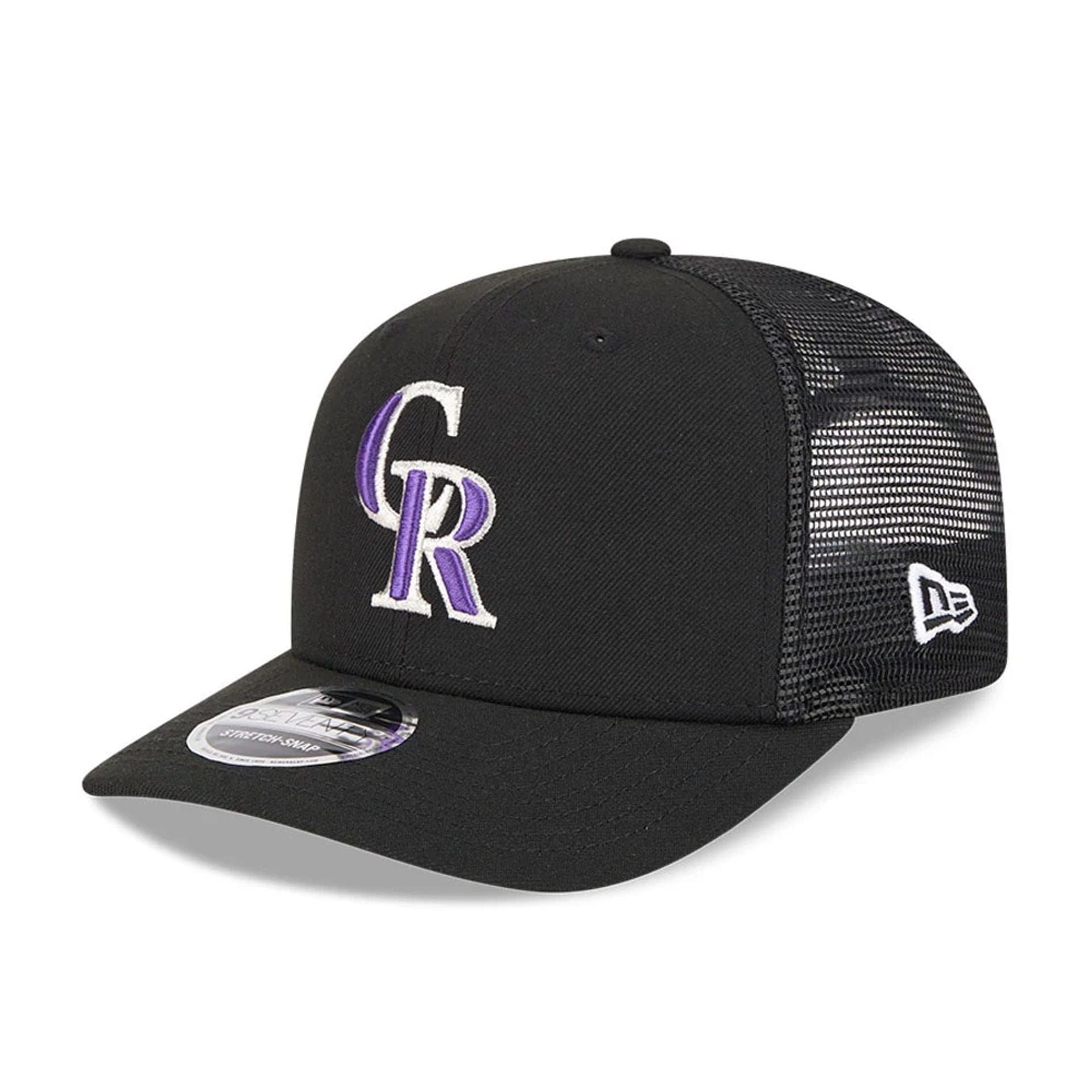 Pictured is this MLB Evergreen Colorado Rockies 9SEVENTY Stretch Snap cap in black. 1