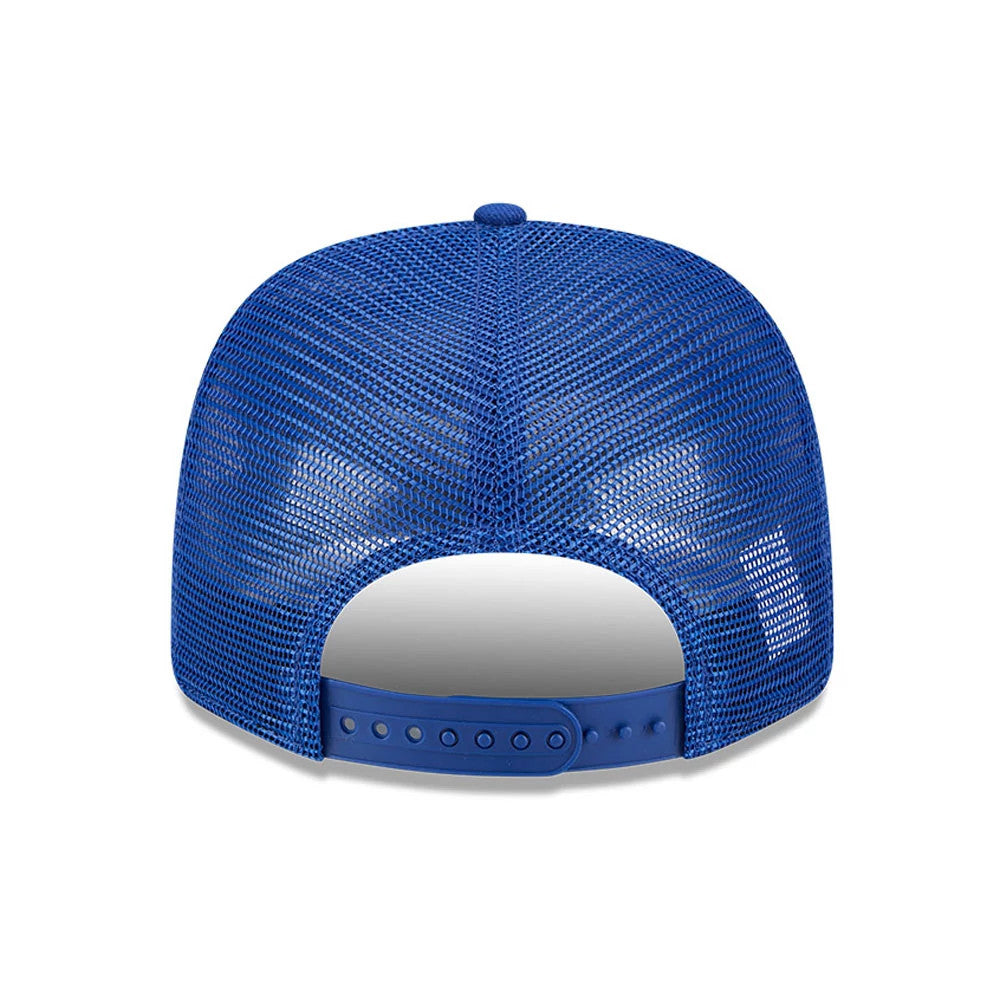 Kansas City Royals MLB Evergreen Blue New Era 9SEVENTY Stretch Snap Adjustable Cap, rear view showing the blue mesh back panels and adjustable plastic strap with multiple snap settings for a custom fit.