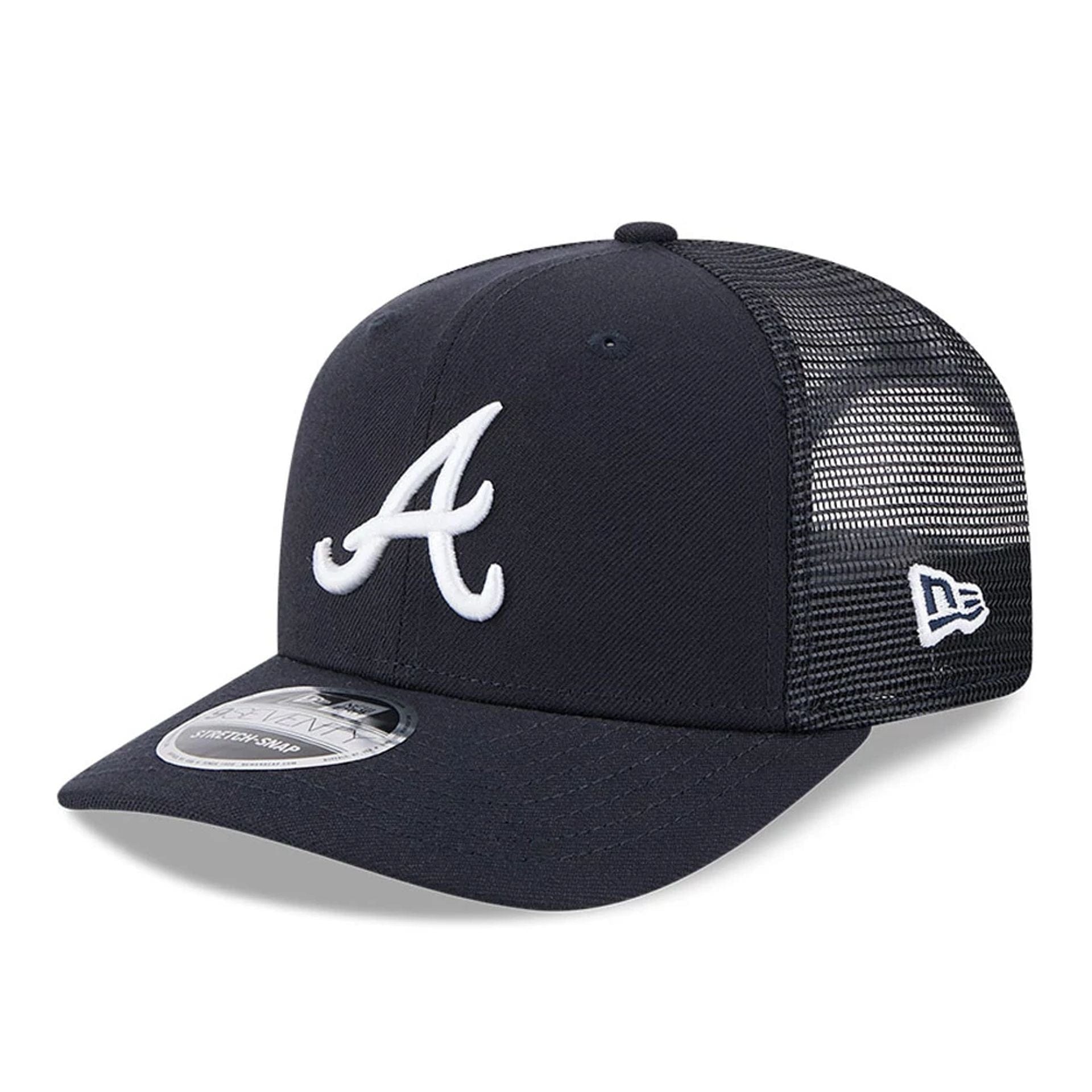 Pictured is this MLB Evergreen Atlanta Braves 9SEVENTY Stretch Snap cap in navy. 1