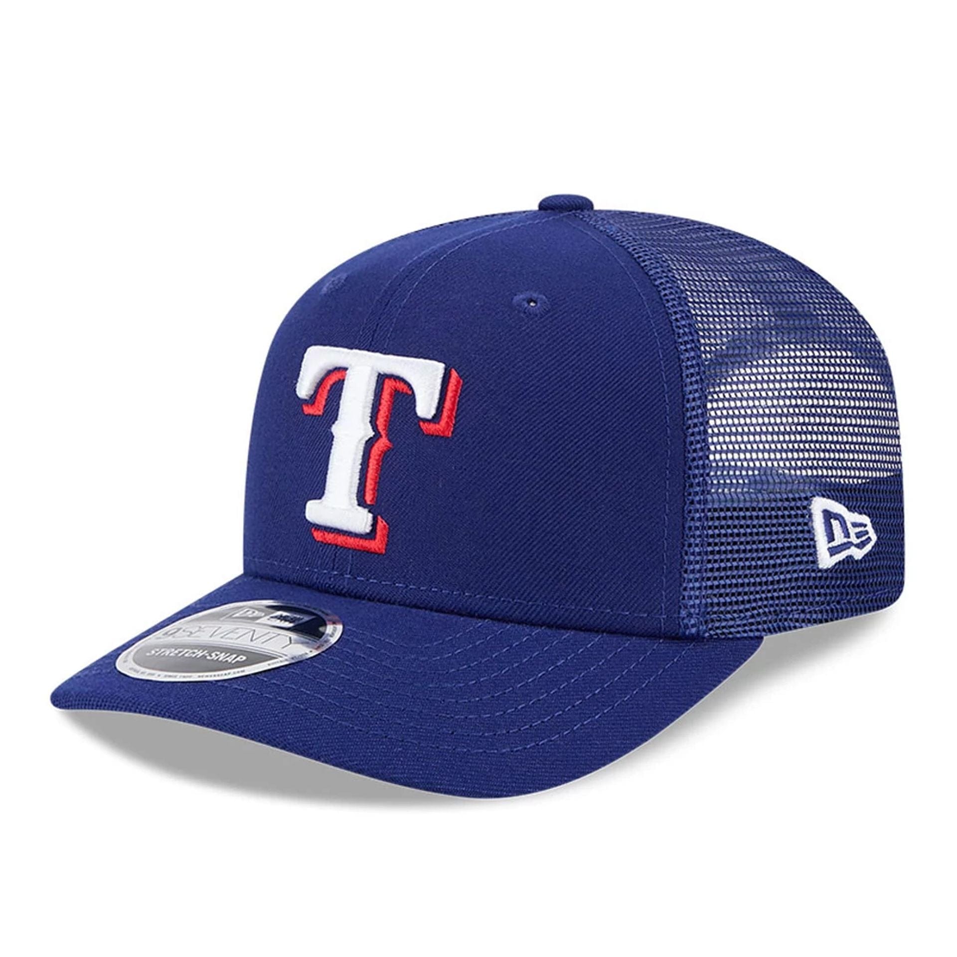 Pictured is this MLB Evergreen Texas Rangers 9SEVENTY Stretch Snap cap in dark blue. 1