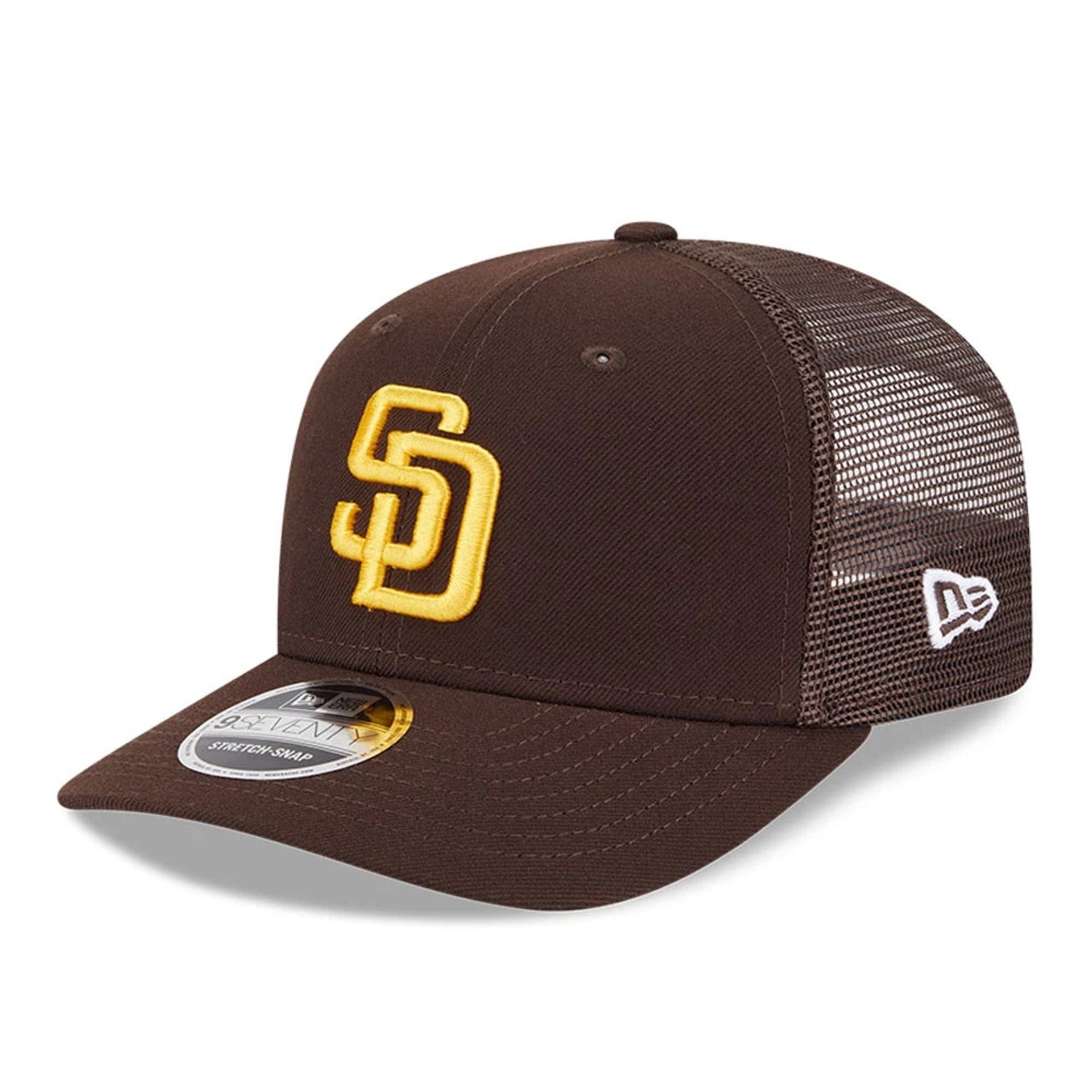 Pictured is this MLB Evergreen San Diego Padres 9SEVENTY Stretch Snap cap in dark brown. 1