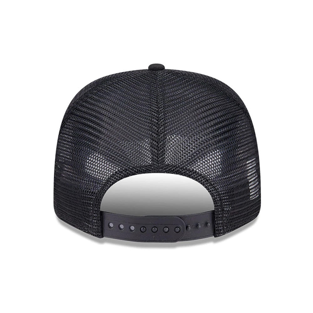 Pittsburgh Pirates MLB Evergreen Black New Era 9SEVENTY Stretch Snap Cap, rear view showing the mesh back panels with adjustable snap closure, highlighting the structured black crown and rounded shape of the cap.