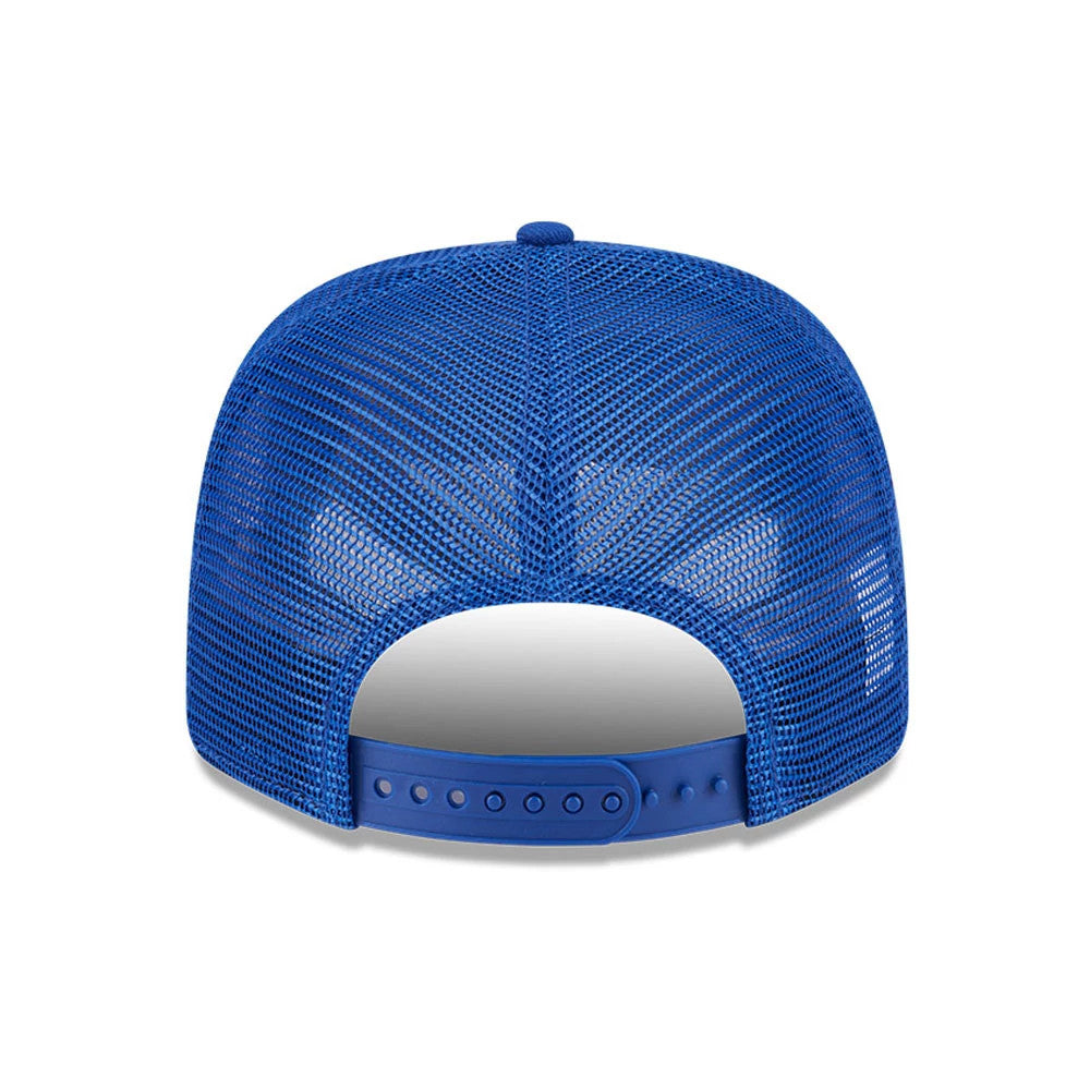 New York Mets MLB Evergreen Blue New Era 9SEVENTY Stretch Snap Adjustable Cap, rear view showing the mesh fabric design with the adjustable snap closure centred on the back of the blue crown.