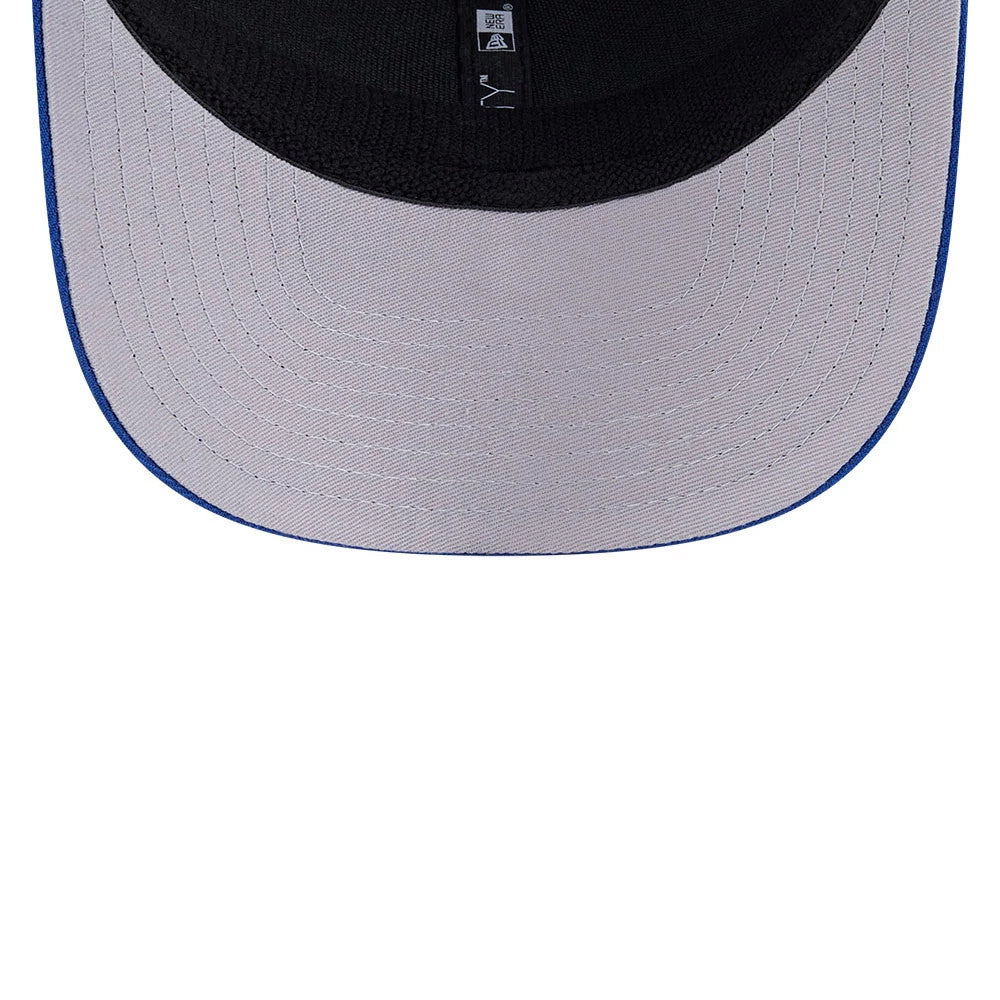 New York Mets MLB Evergreen Blue New Era 9SEVENTY Stretch Snap Adjustable Cap, inside view showing a grey undervisor with blue edging, black sweatband, and taping running across the underside of the visor.