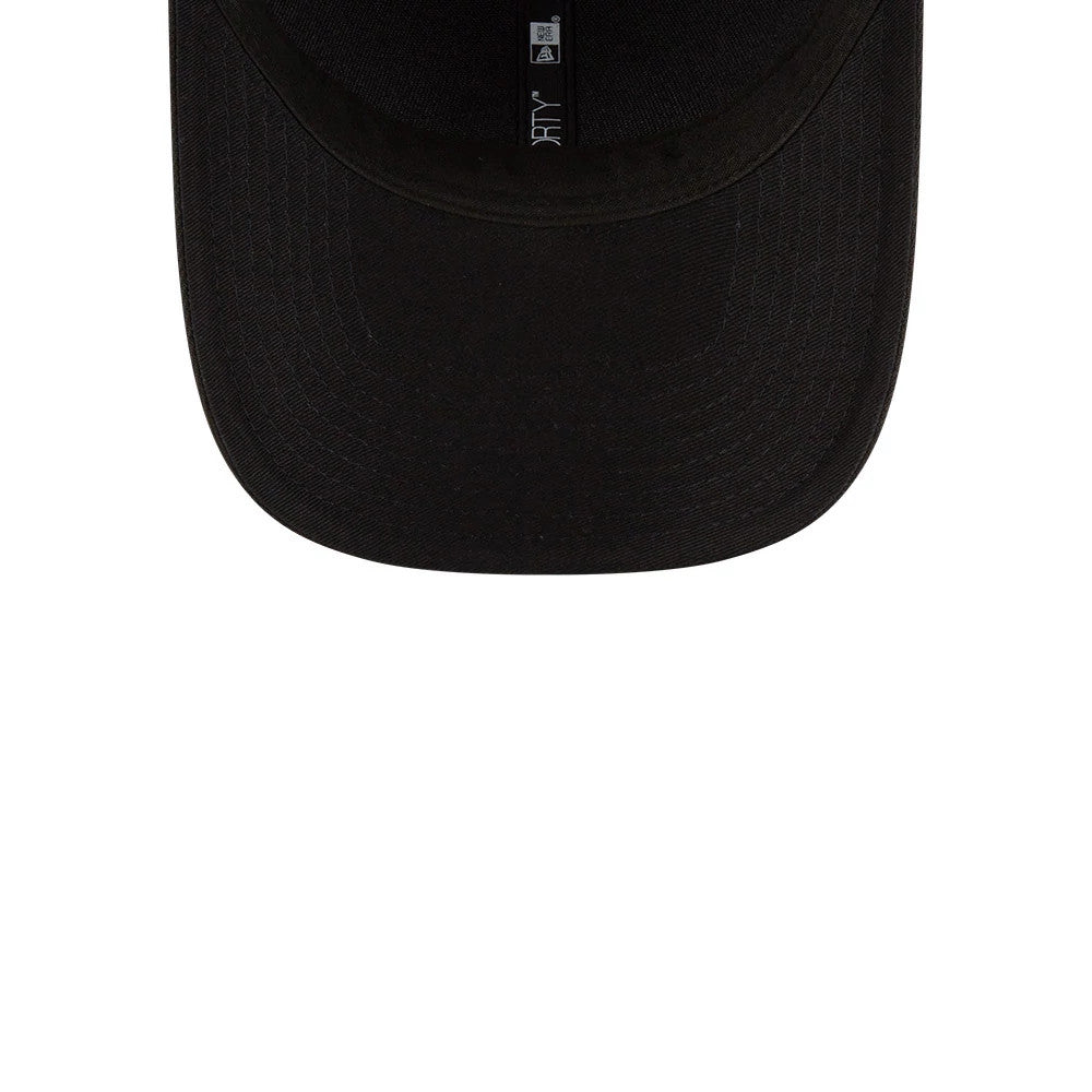 Miami Marlins MLB Player Replica Black New Era 9FORTY M-Crown Adjustable Cap, inside view showing the black undervisor and black sweatband with the New Era logo and 9FORTY taping centred above the adjustable strap opening.