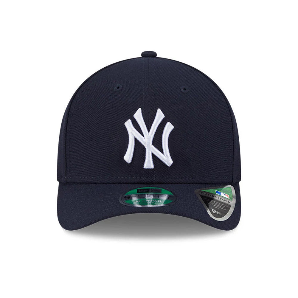 New York Yankees MLB Player Replica Navy New Era 9FORTY M-Crown Adjustable Cap, front view showing the raised embroidered white NY logo on the navy front panel, with a curved visor and a 9FORTY size sticker.