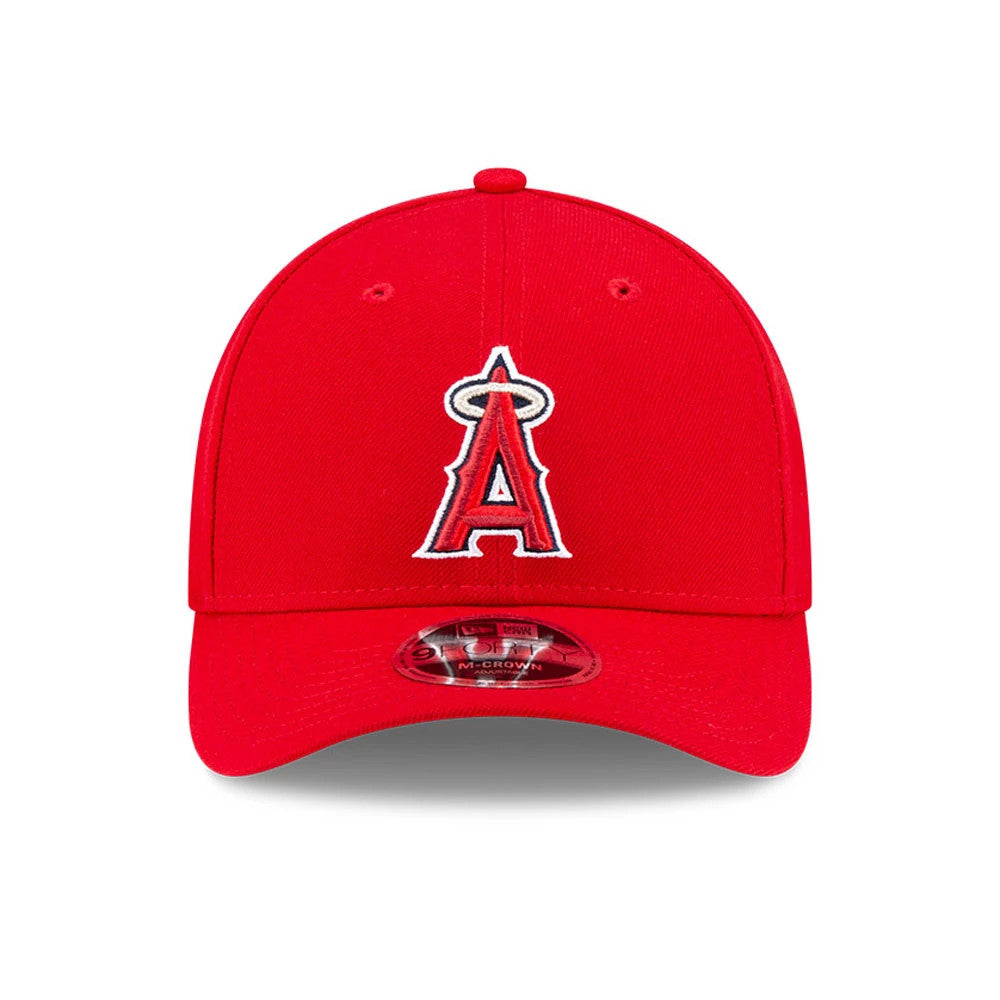 LA Angels MLB Player Replica Red New Era 9FORTY M-Crown Adjustable Cap, front view showing the A logo with a halo embroidered on the front panel, featuring a curved visor with a 9FORTY size sticker.