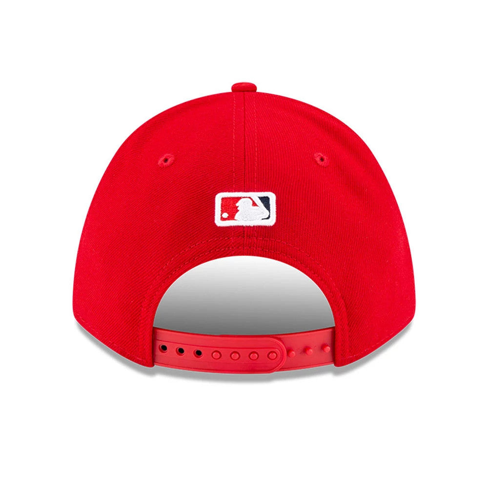 LA Angels MLB Player Replica Red New Era 9FORTY M-Crown Adjustable Cap, rear view showing the MLB Batterman logo embroidered in white, red and blue at the centre back above the red adjustable strap.
