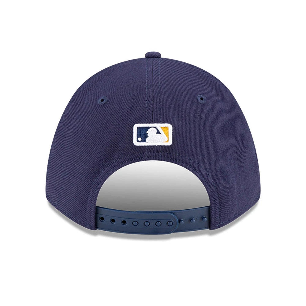 Milwaukee Brewers MLB Player Replica Navy New Era 9FORTY M-Crown Adjustable Cap, rear view with the white embroidered MLB Batterman logo centred on the navy panels, featuring a navy adjustable strap for a customised fit.