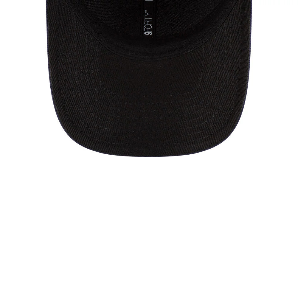 Milwaukee Brewers MLB Player Replica Navy New Era 9FORTY M-Crown Adjustable Cap, inside view showing the black sweatband and taping with the 9FORTY size sticker on the black undervisor.
